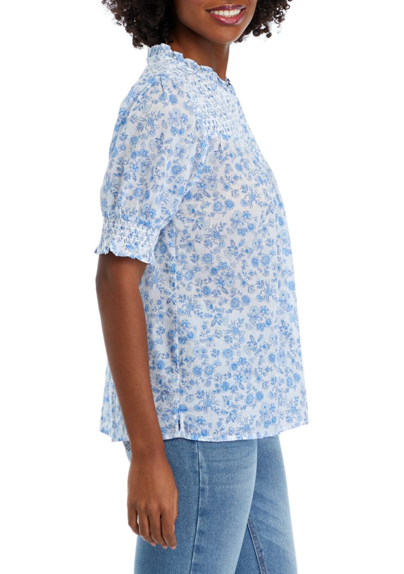 Womens Short Sleeve Smocked Button Up Printed Top