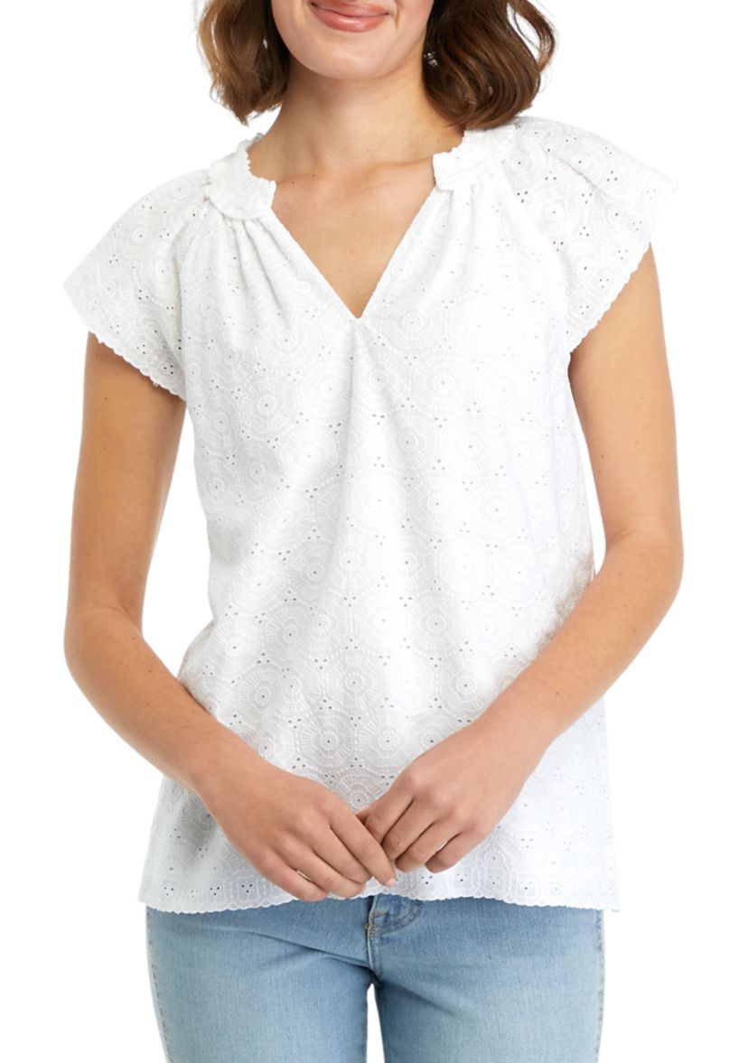 Womens Short Sleeve Eyelet Top