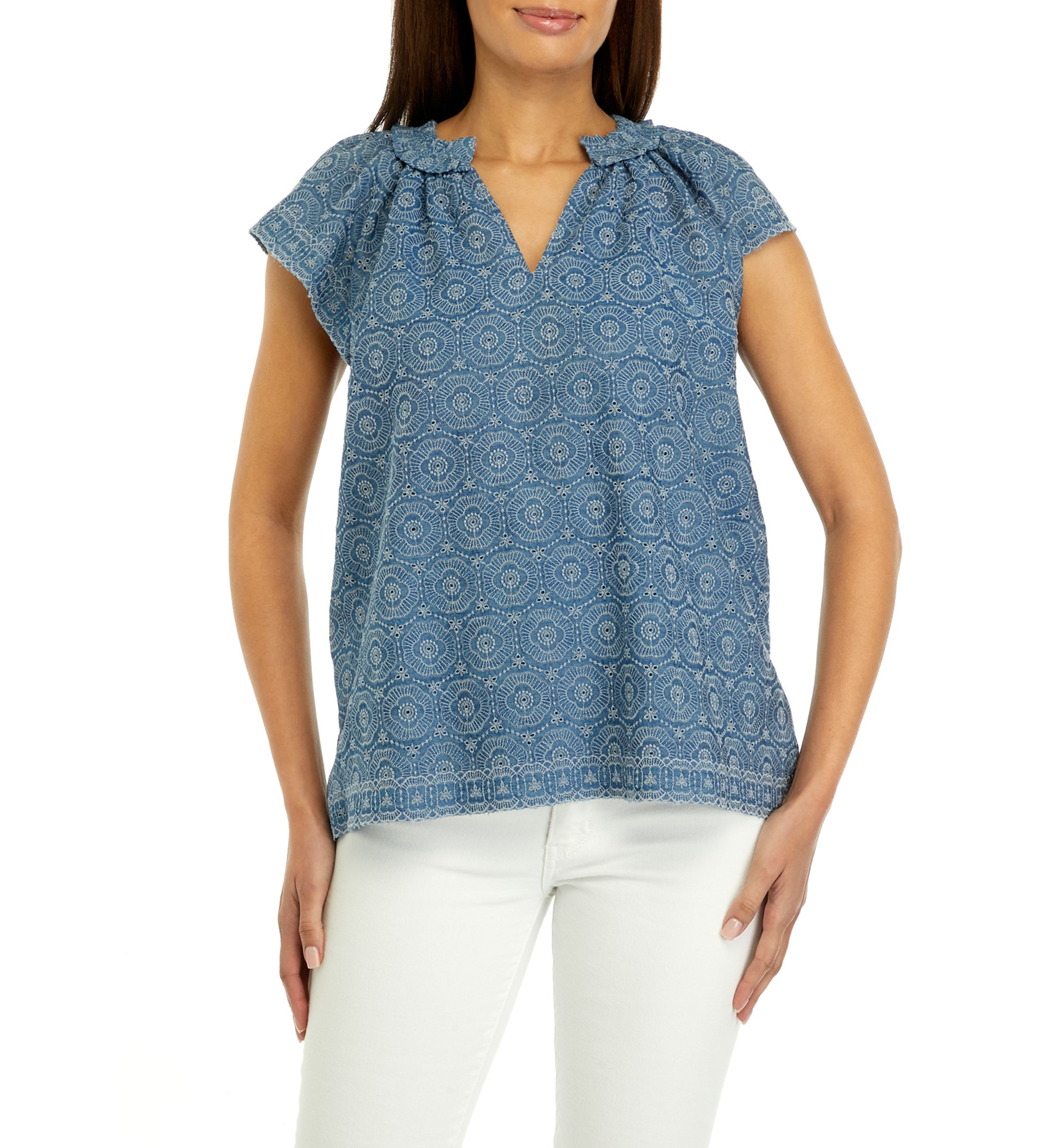 Womens Short Sleeve Eyelet Top