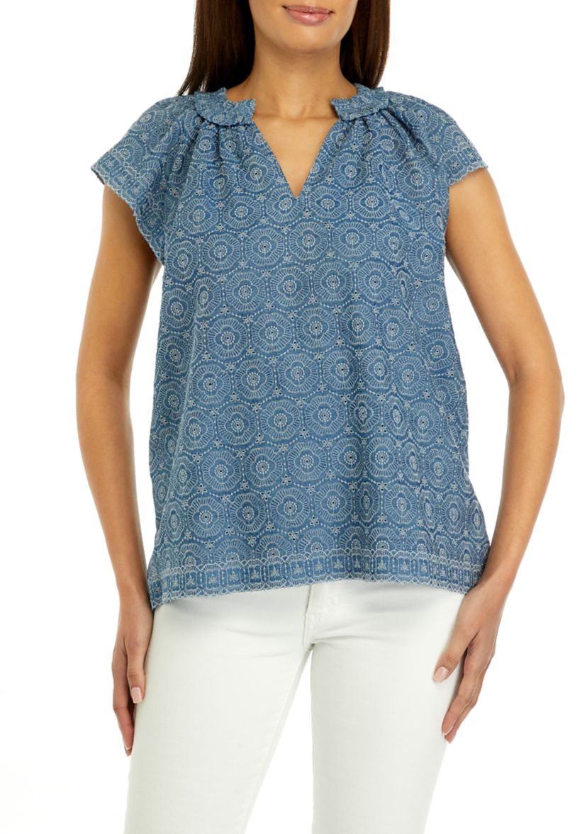 Womens Short Sleeve Eyelet Top