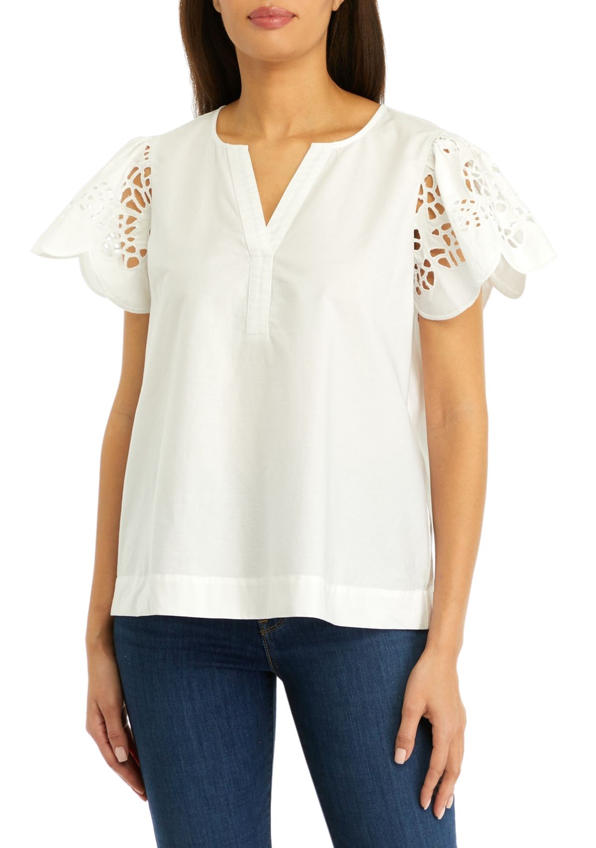 Womens Solid Embroidered Sleeve Top