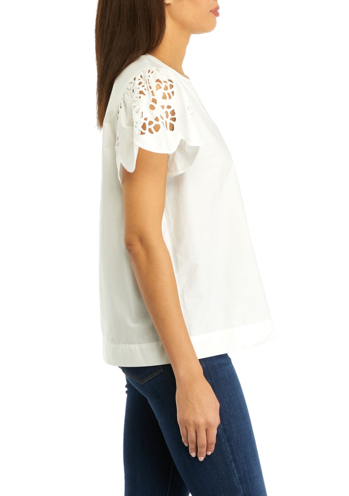 Womens Solid Embroidered Sleeve Top