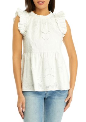 Crown & Ivy Women's Flutter Sleeve Embroidered Top -  180453572625SPW000097