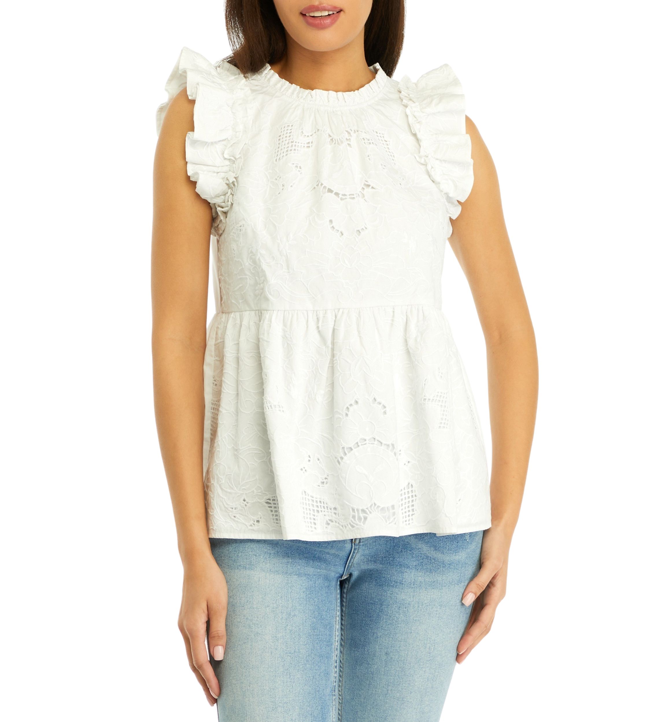 Womens Flutter Sleeve Embroidered Top