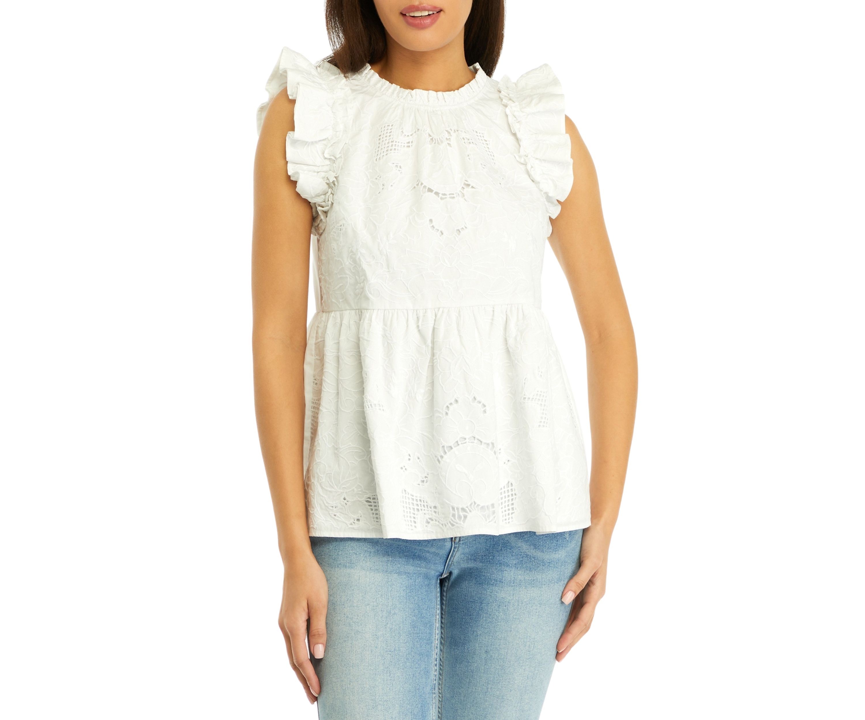 Womens Flutter Sleeve Embroidered Top