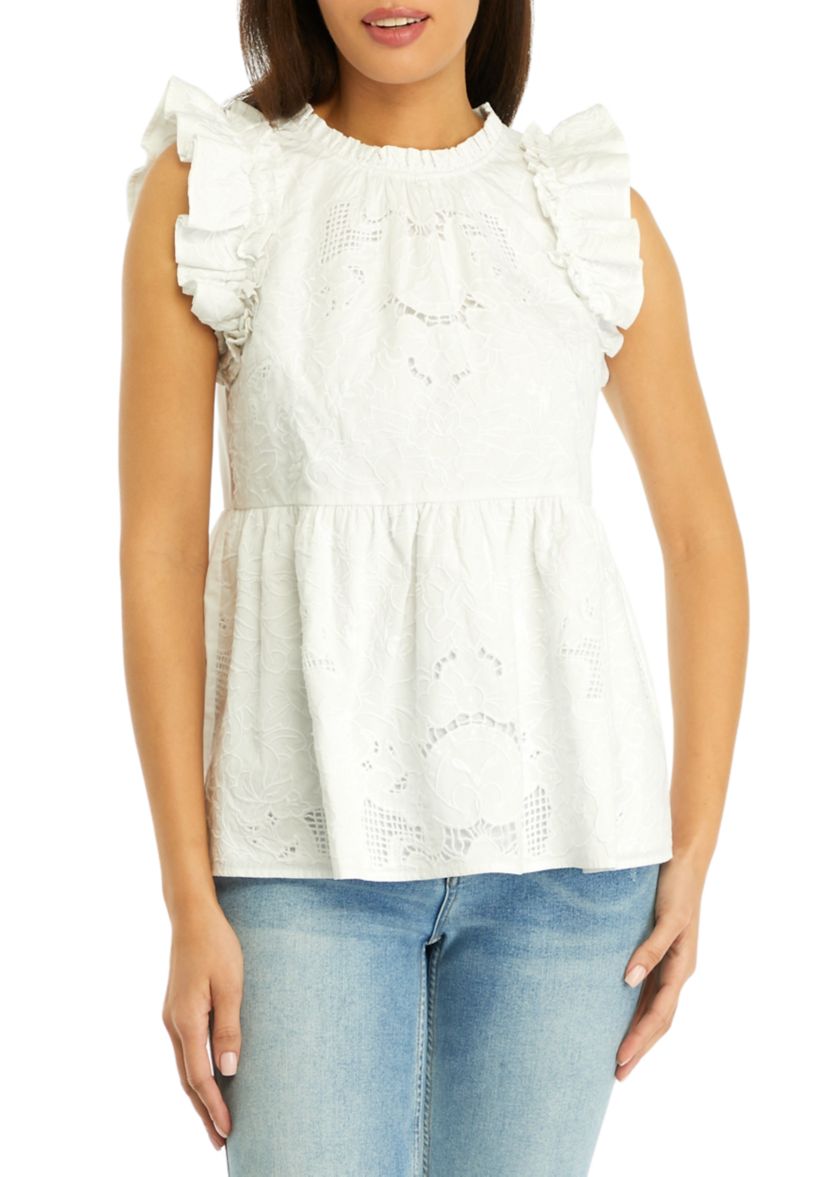 Womens Flutter Sleeve Embroidered Top