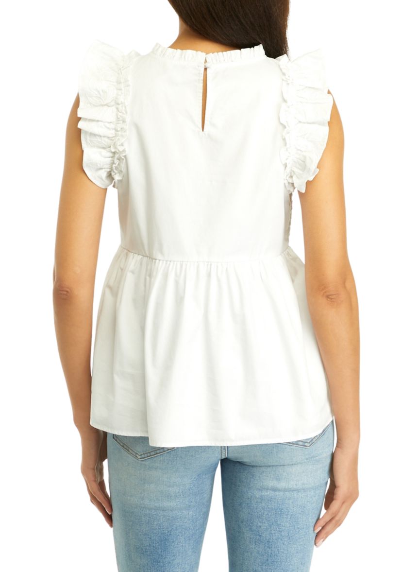 Womens Flutter Sleeve Embroidered Top