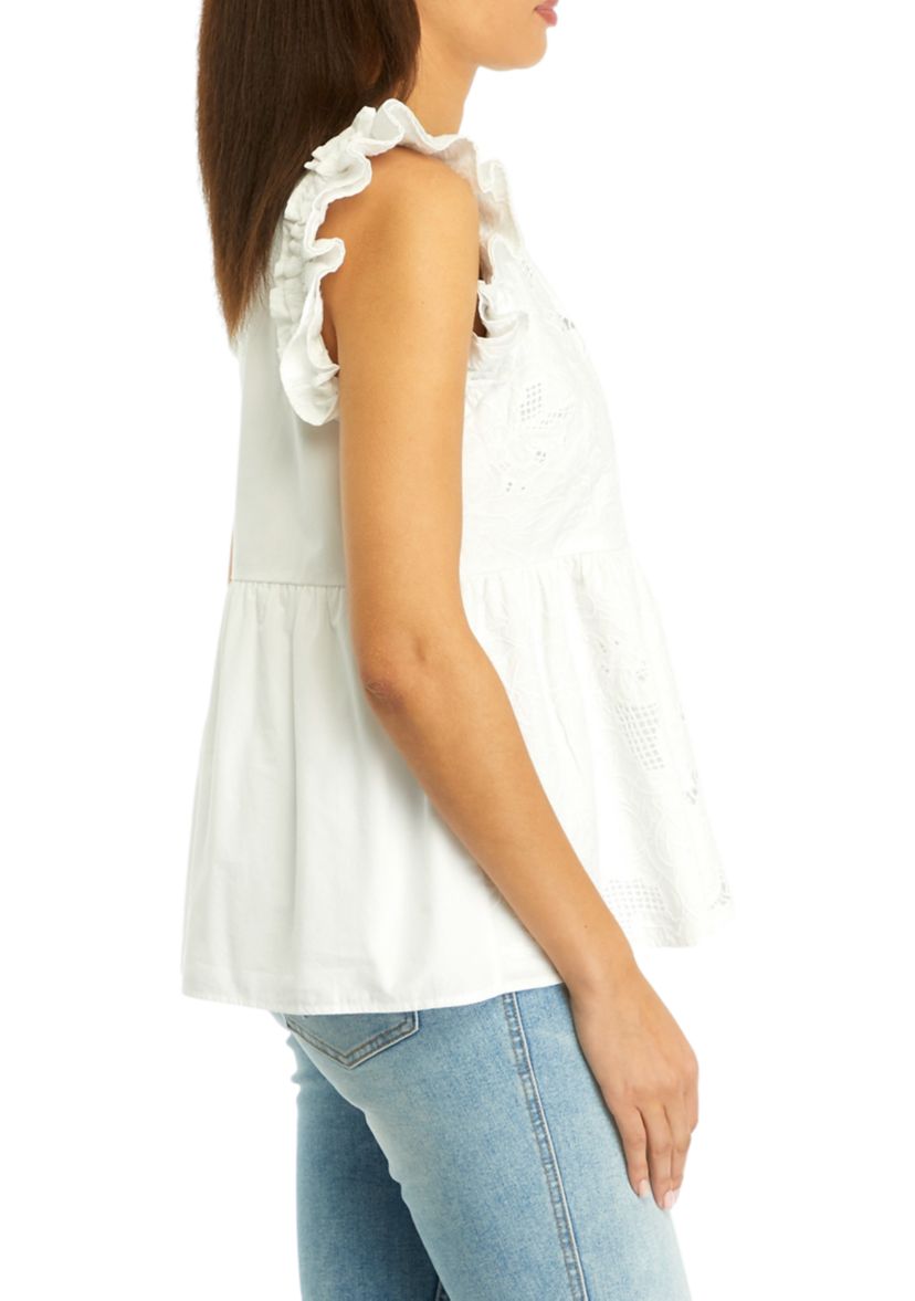 Womens Flutter Sleeve Embroidered Top