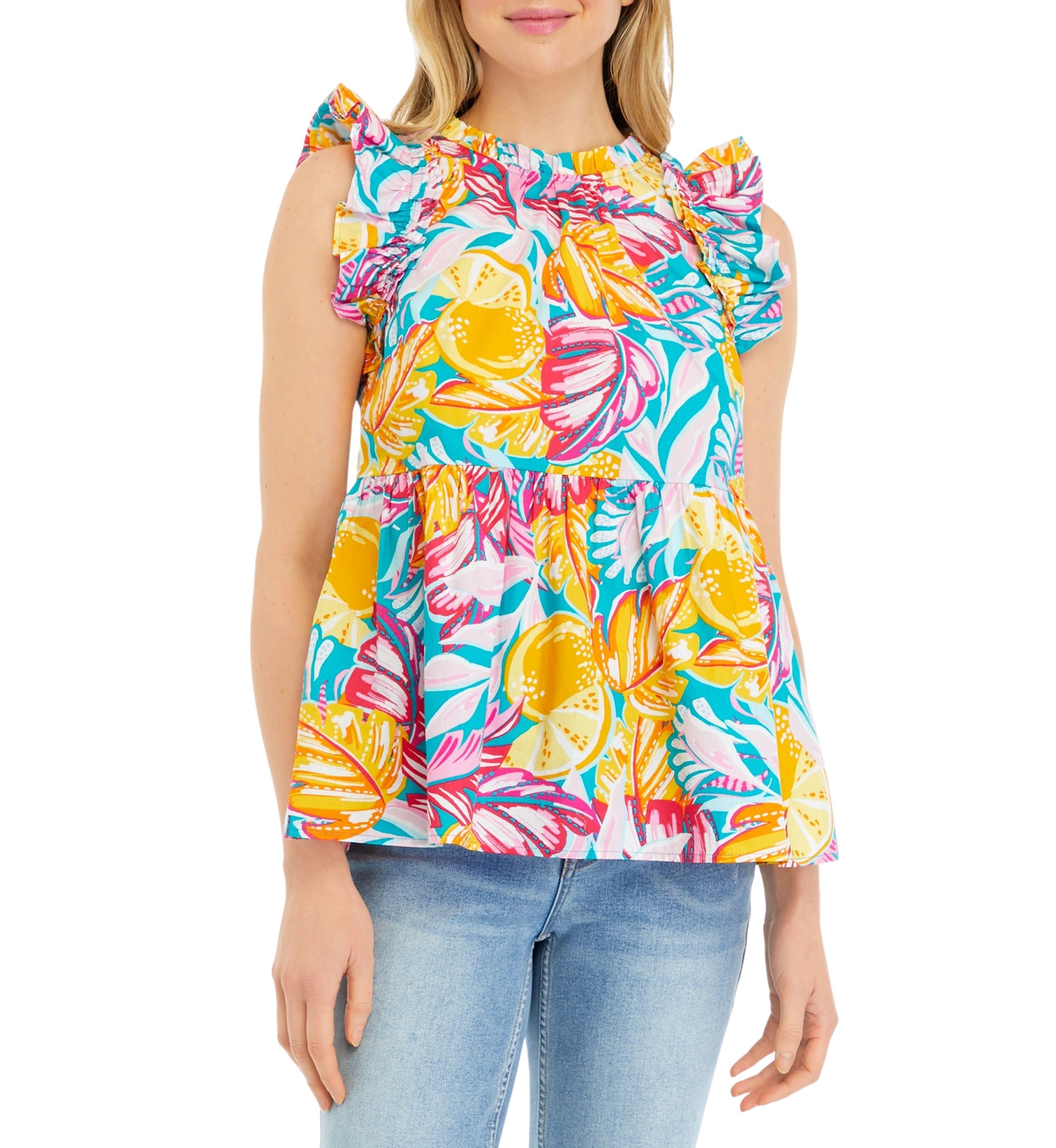 Womens Printed Flutter Sleeve Top