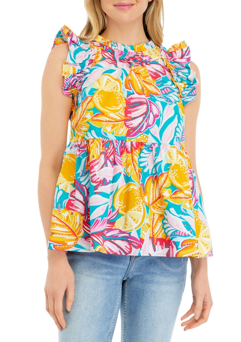Womens Printed Flutter Sleeve Top