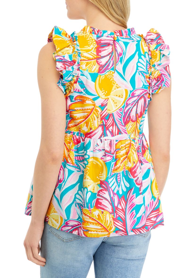 Womens Printed Flutter Sleeve Top