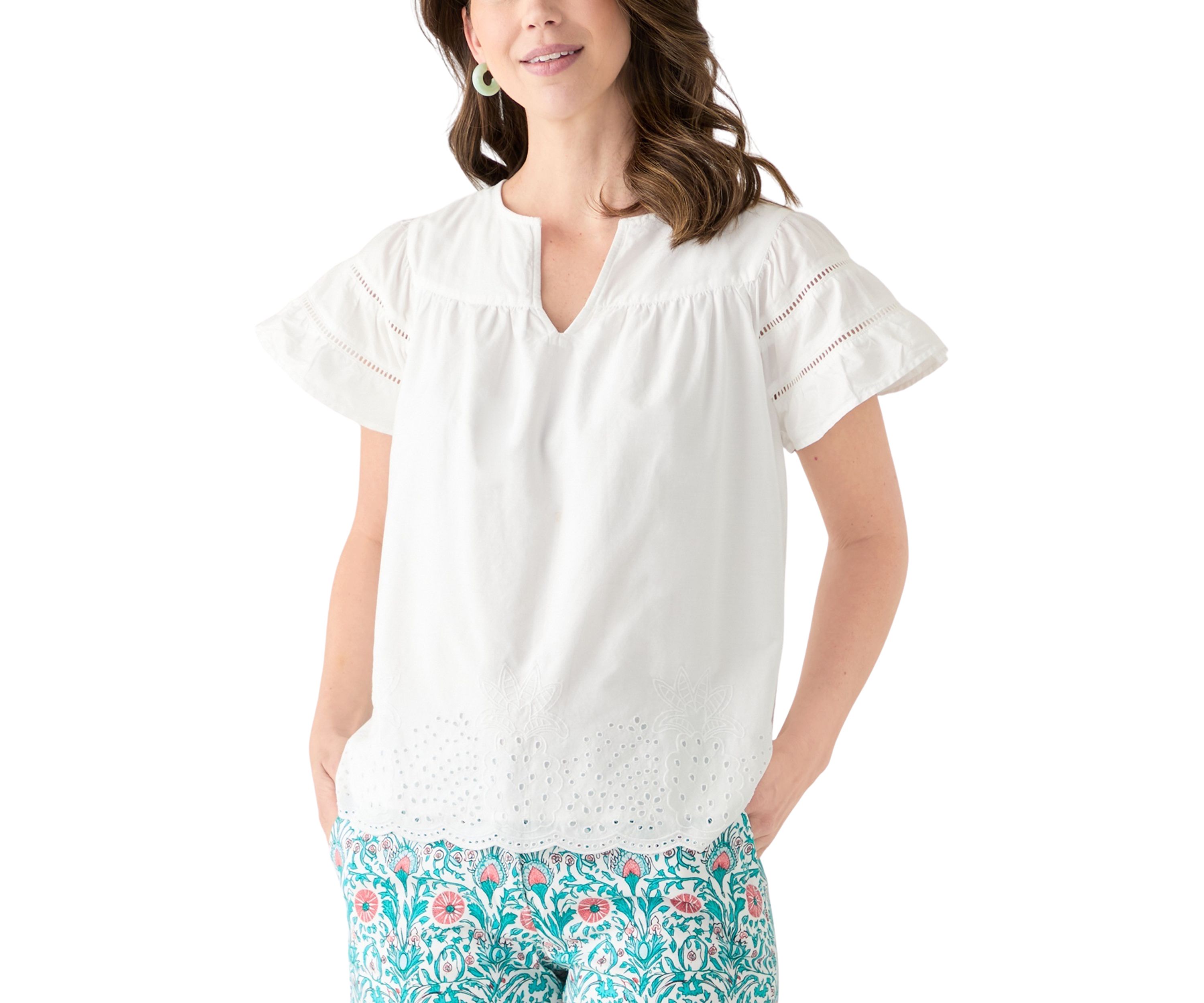 Womens Short Sleeve Embroidered Hem Top