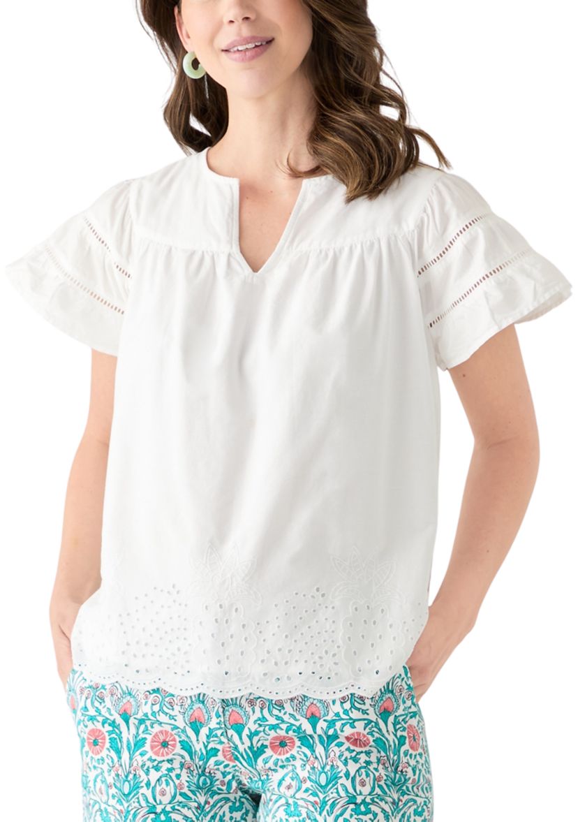 Womens Short Sleeve Embroidered Hem Top