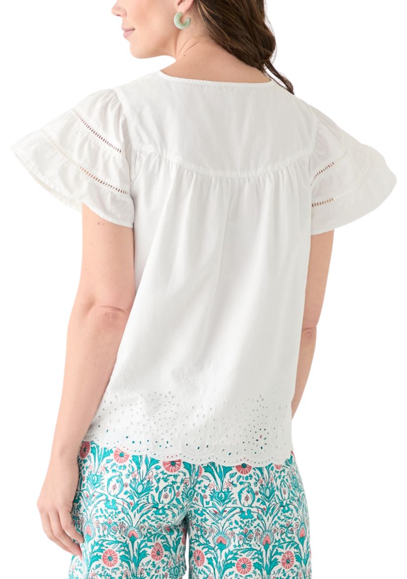 Womens Short Sleeve Embroidered Hem Top