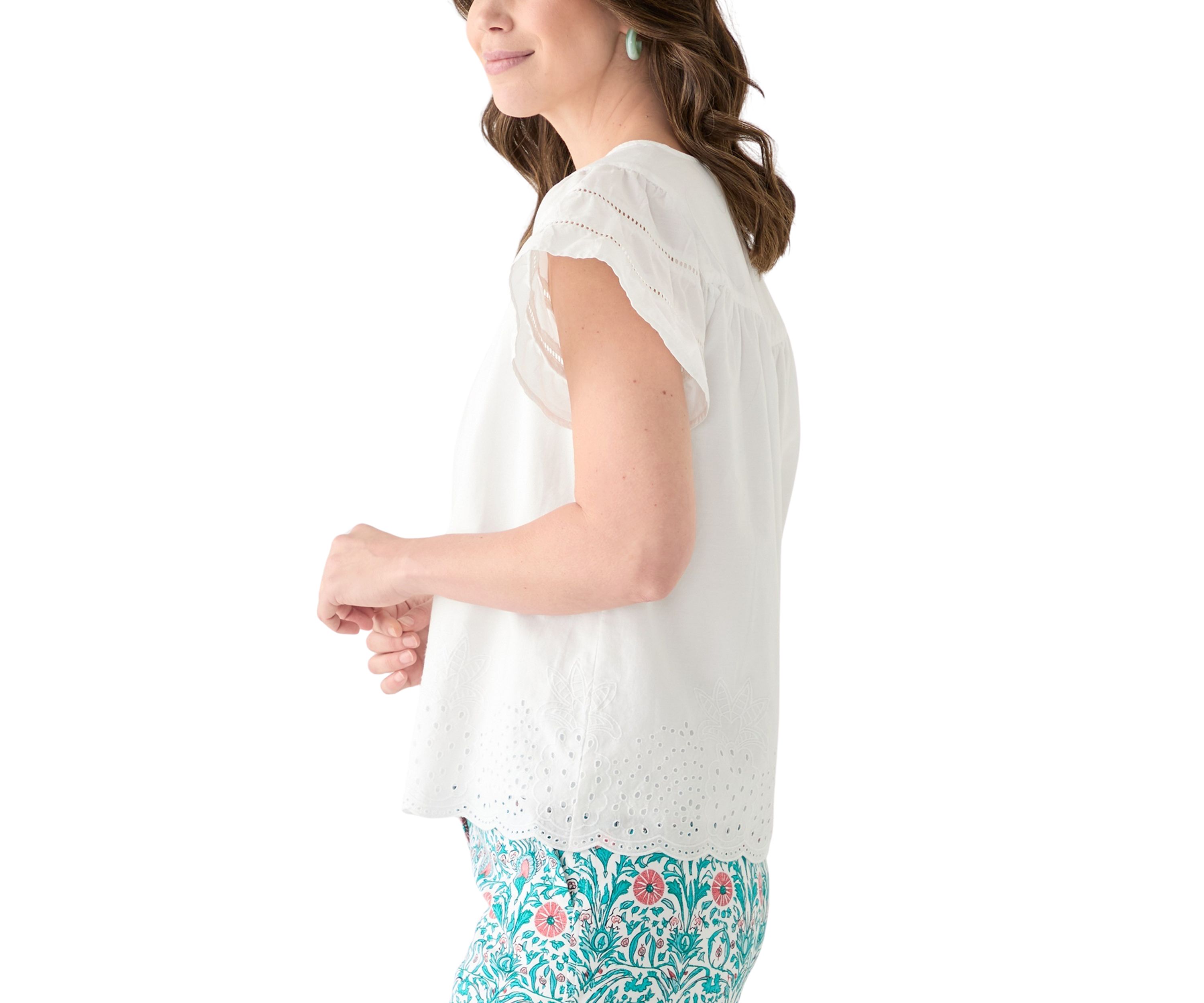 Womens Short Sleeve Embroidered Hem Top