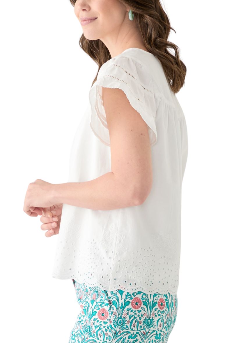 Womens Short Sleeve Embroidered Hem Top