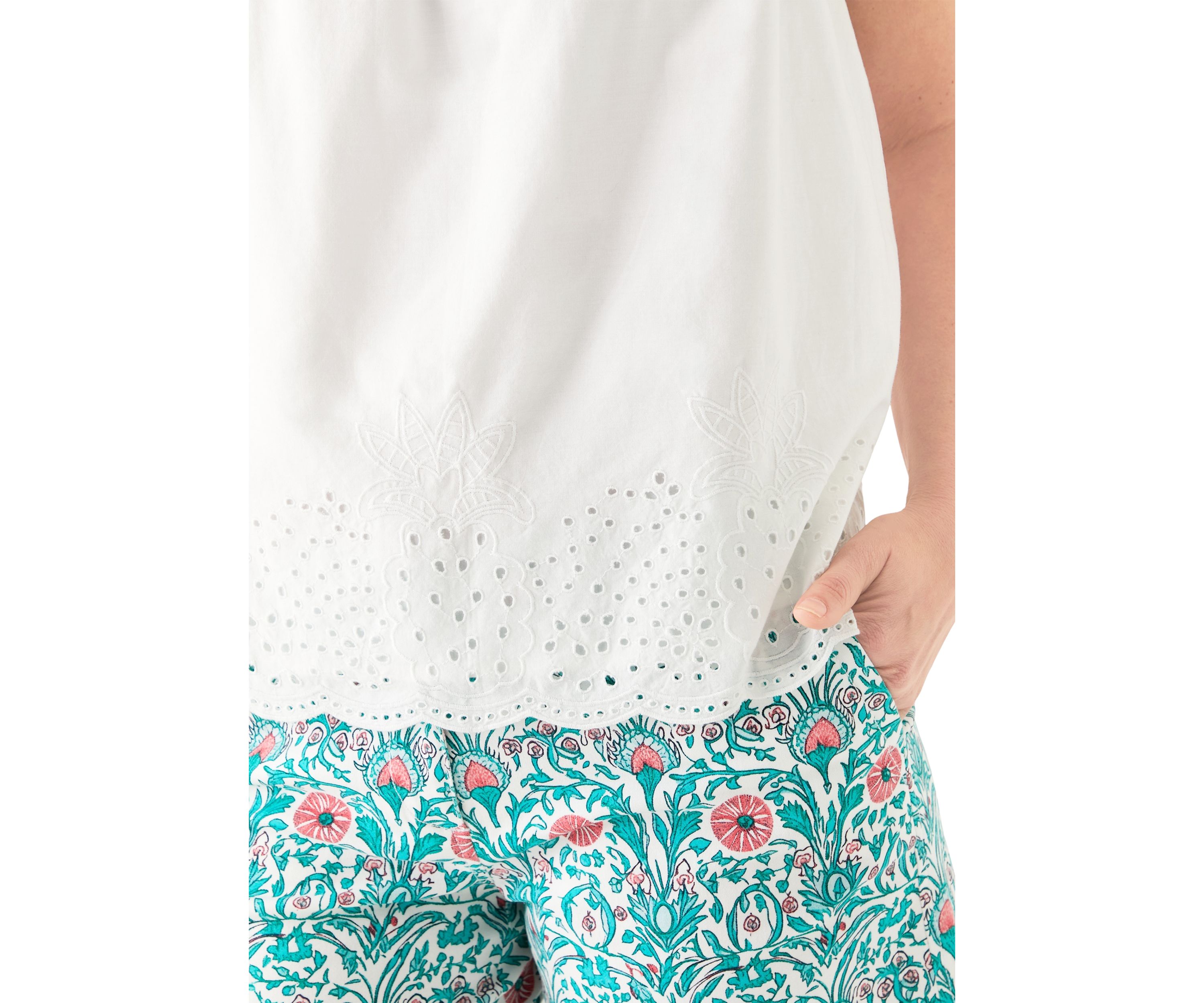 Womens Short Sleeve Embroidered Hem Top