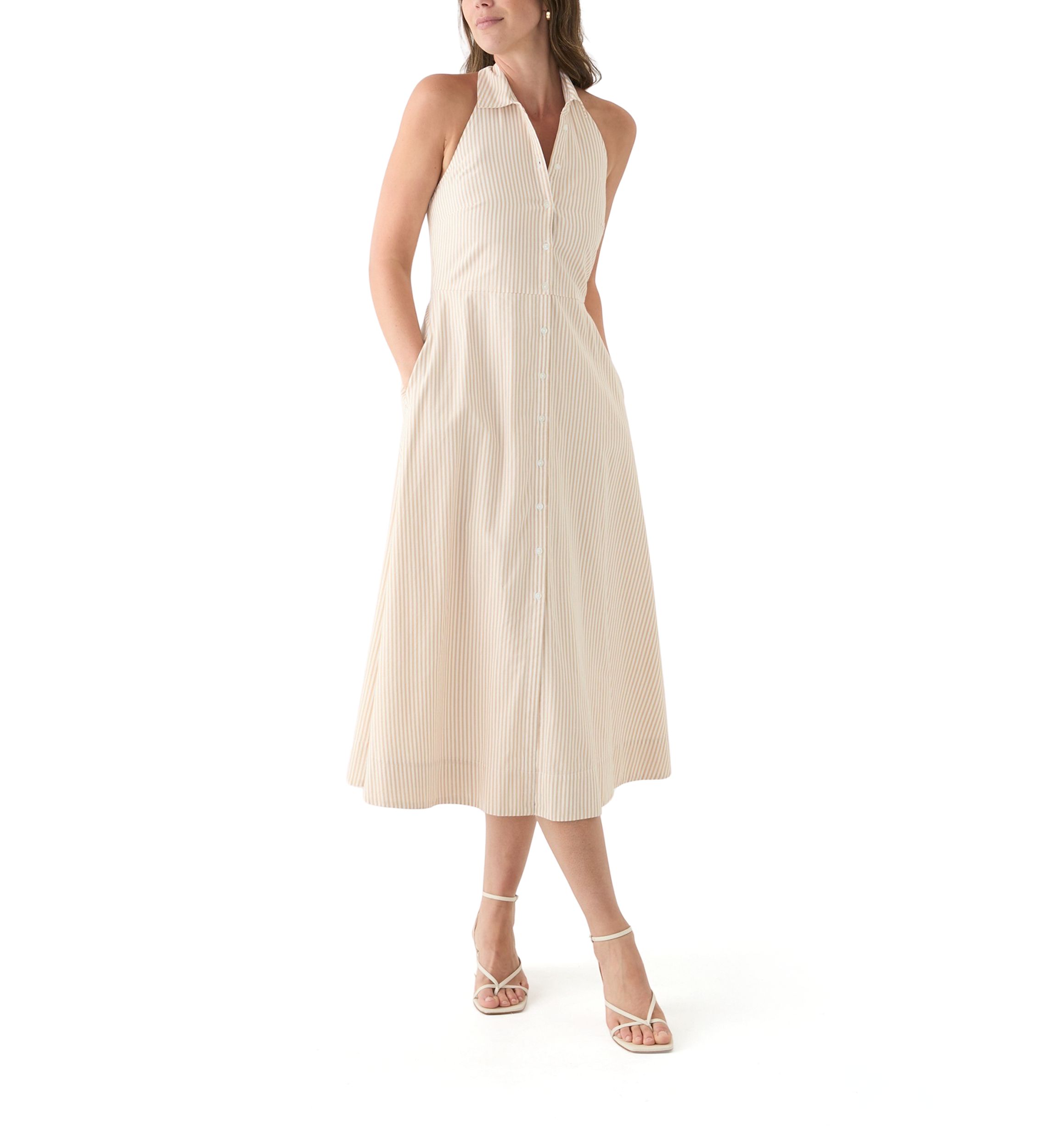 Womens Sleeveless Halter Yarn Dyed Shirtdress
