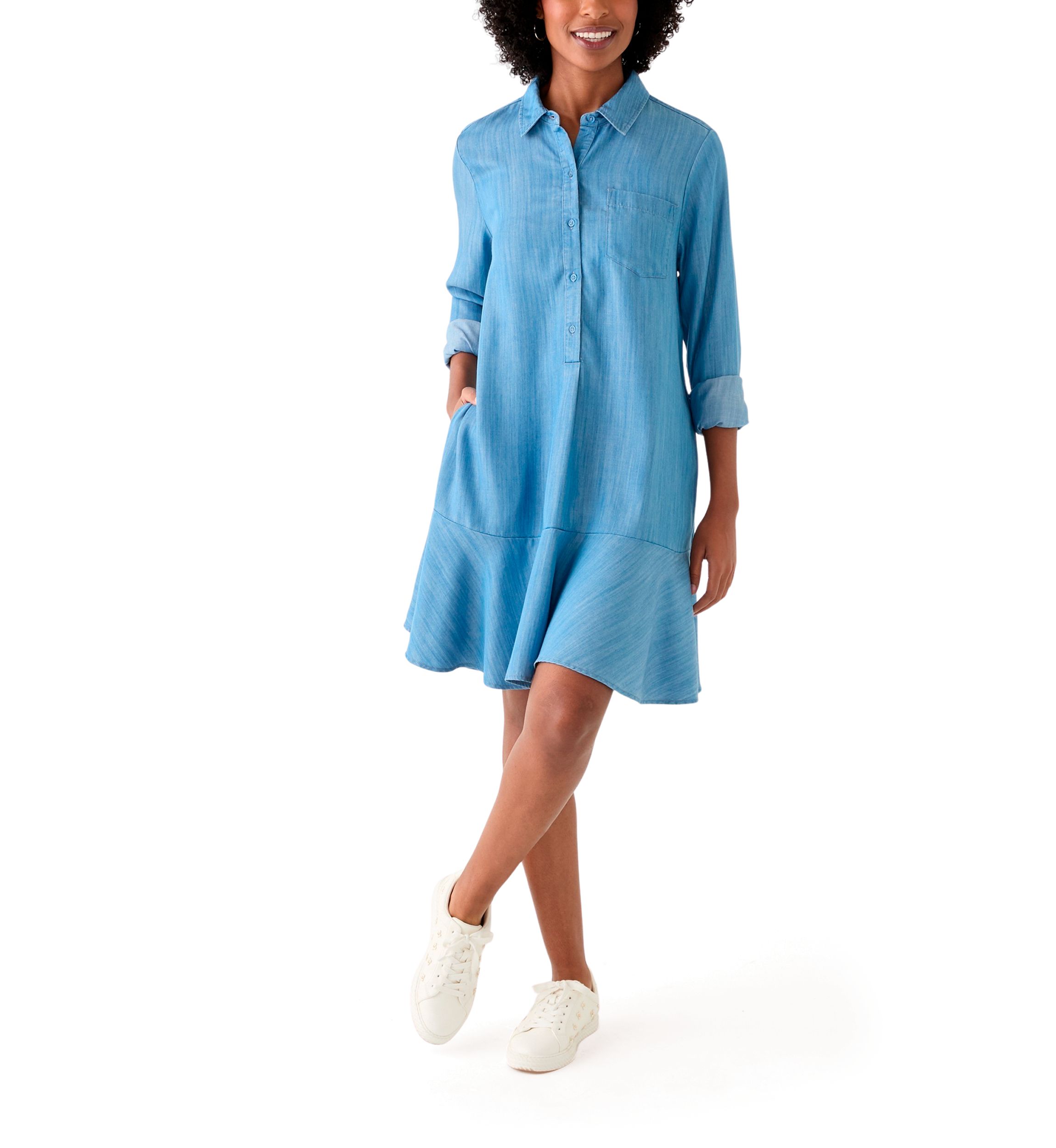 Womens Long Sleeve Flounce Shirtdress