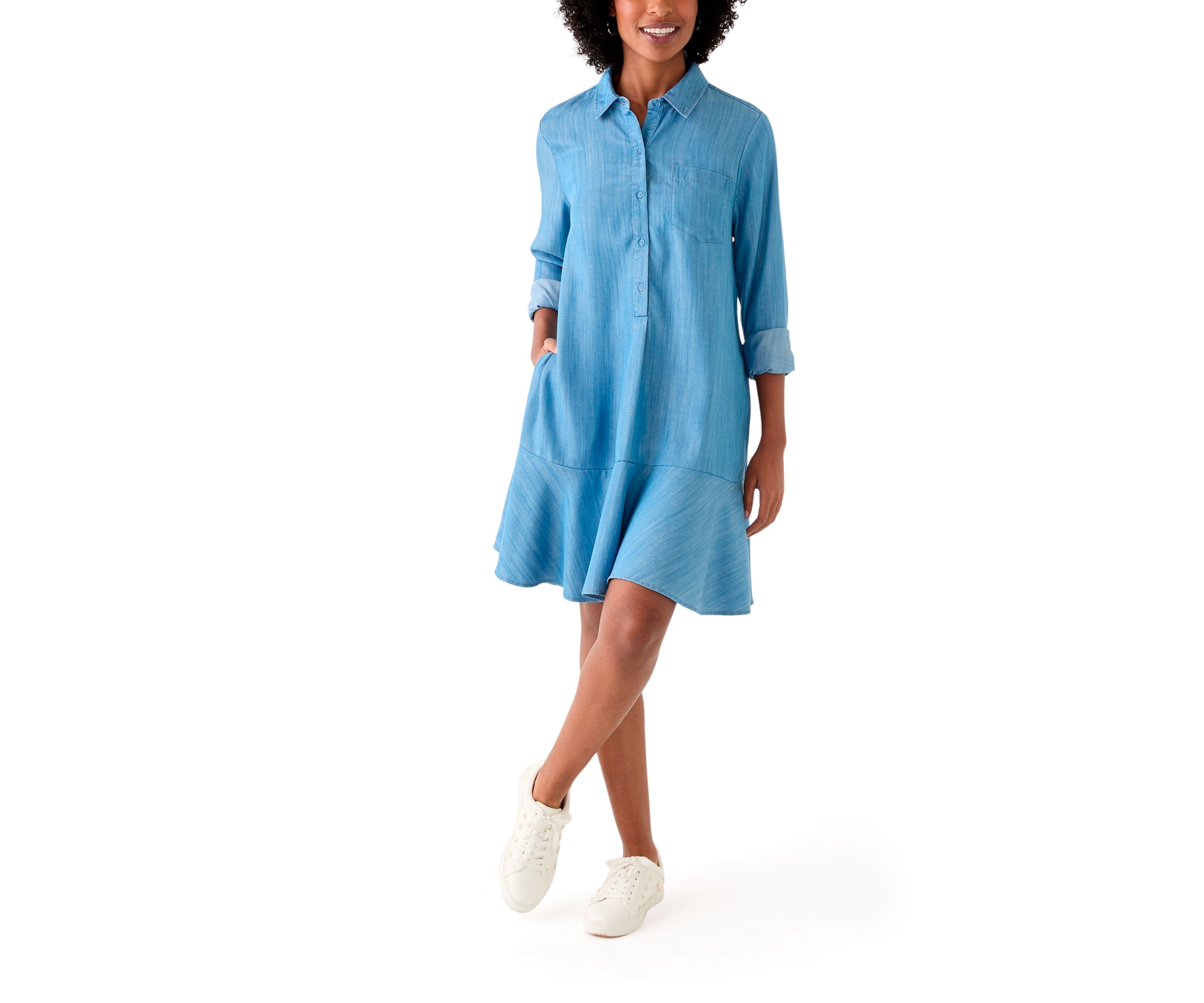 Womens Long Sleeve Flounce Shirtdress
