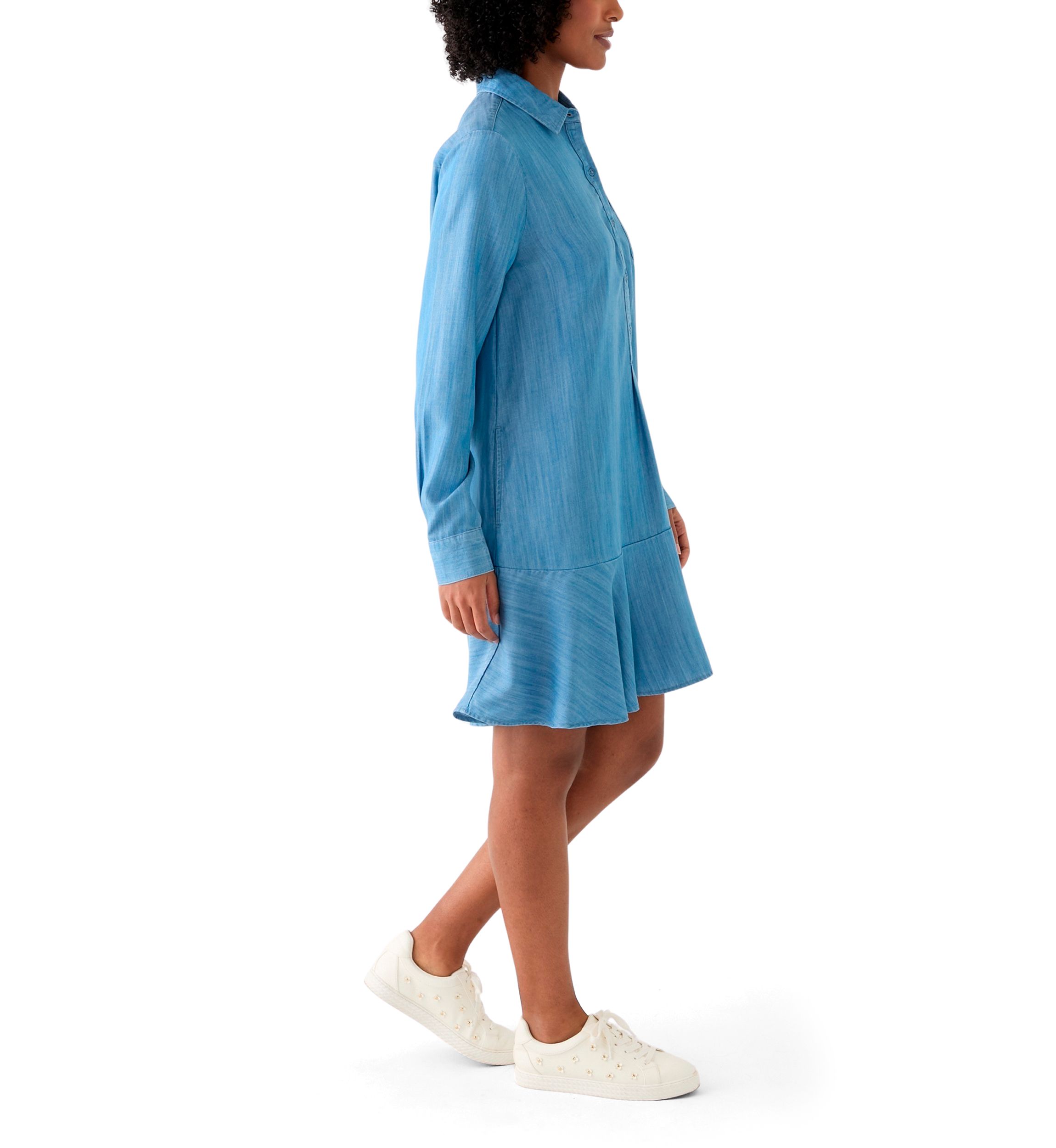 Womens Long Sleeve Flounce Shirtdress
