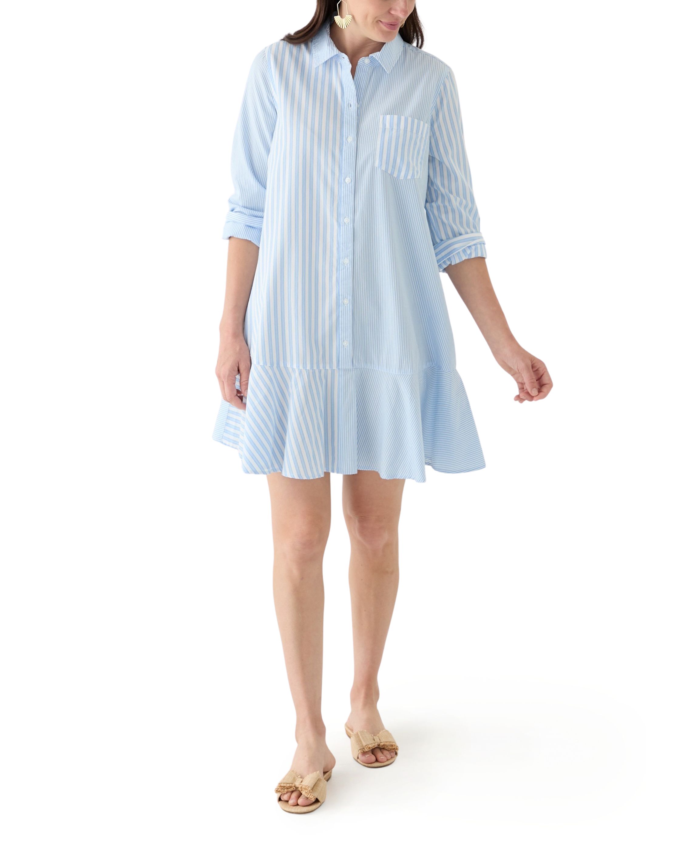 Womens Elbow Sleeve Flounce Shirtdress 