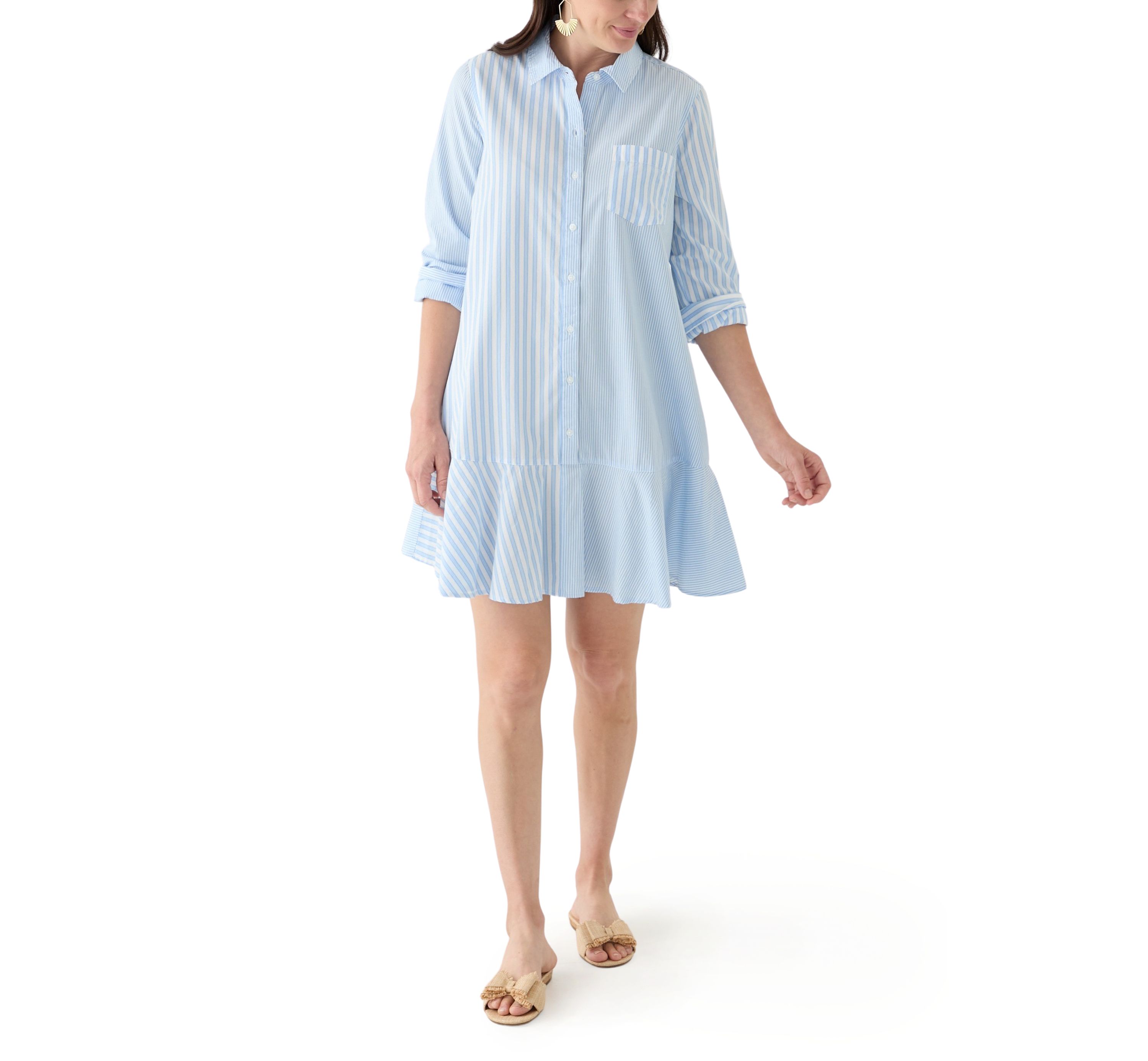 Womens Elbow Sleeve Flounce Shirtdress 