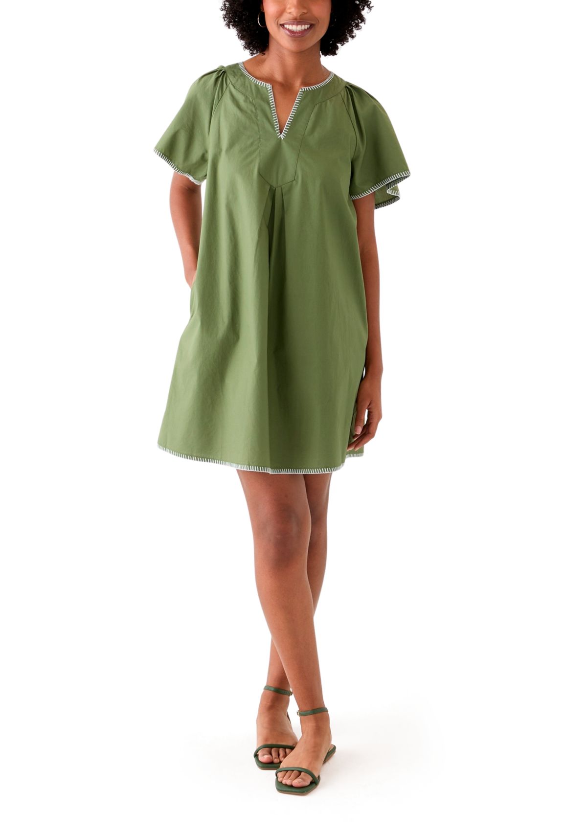 Womens Flutter Sleeve Split Neck Dress