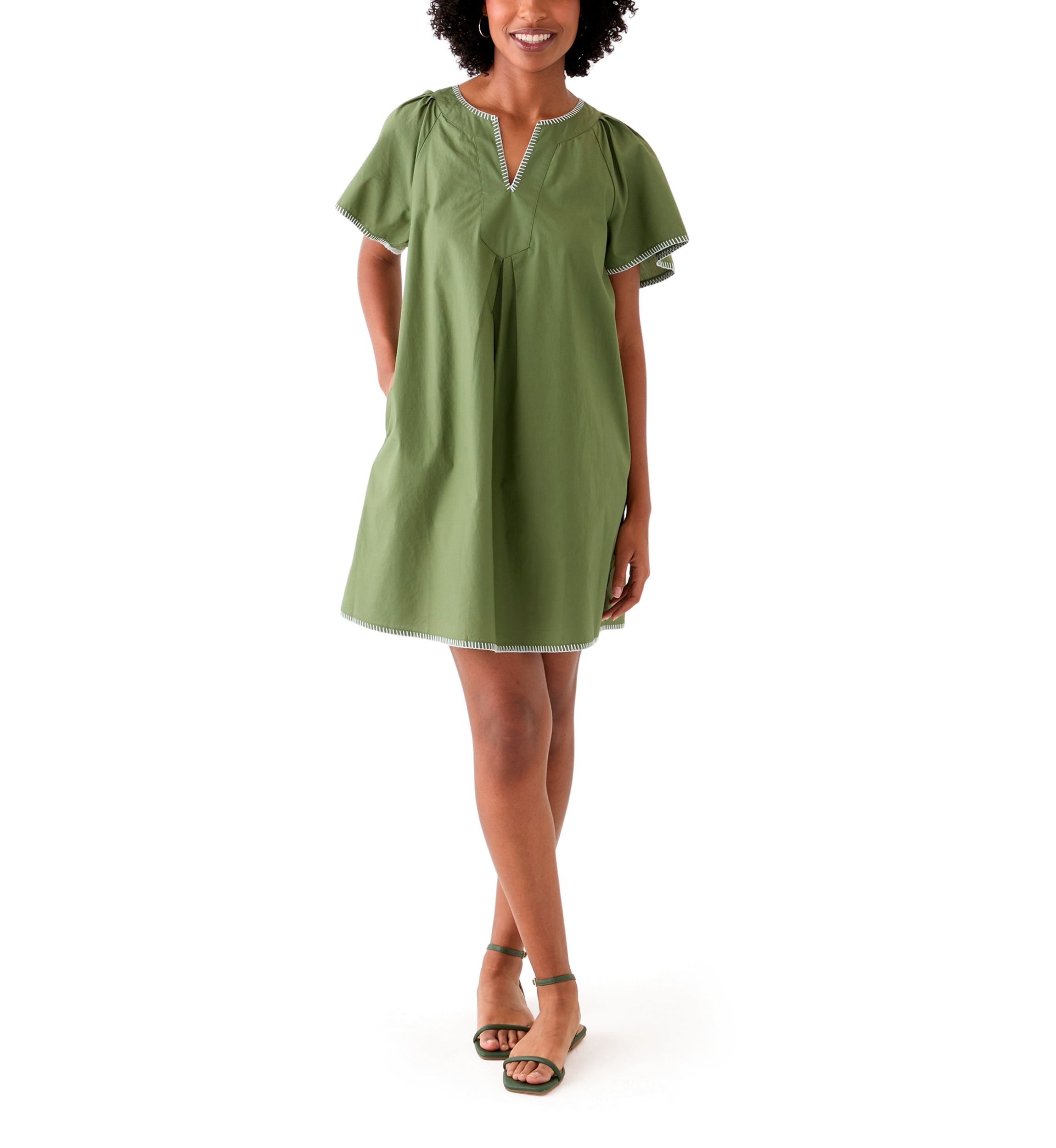 Womens Flutter Sleeve Split Neck Dress