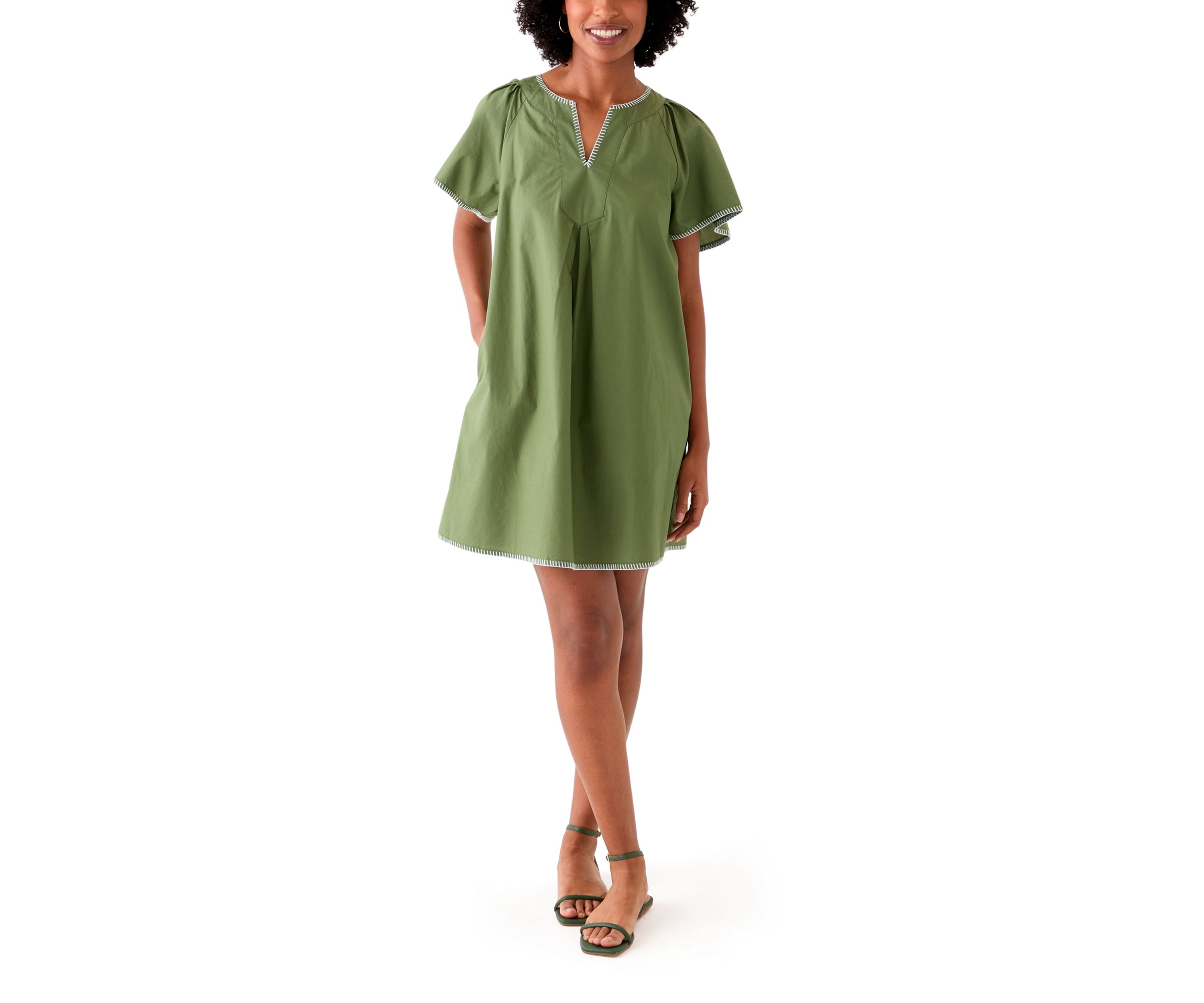 Womens Flutter Sleeve Split Neck Dress