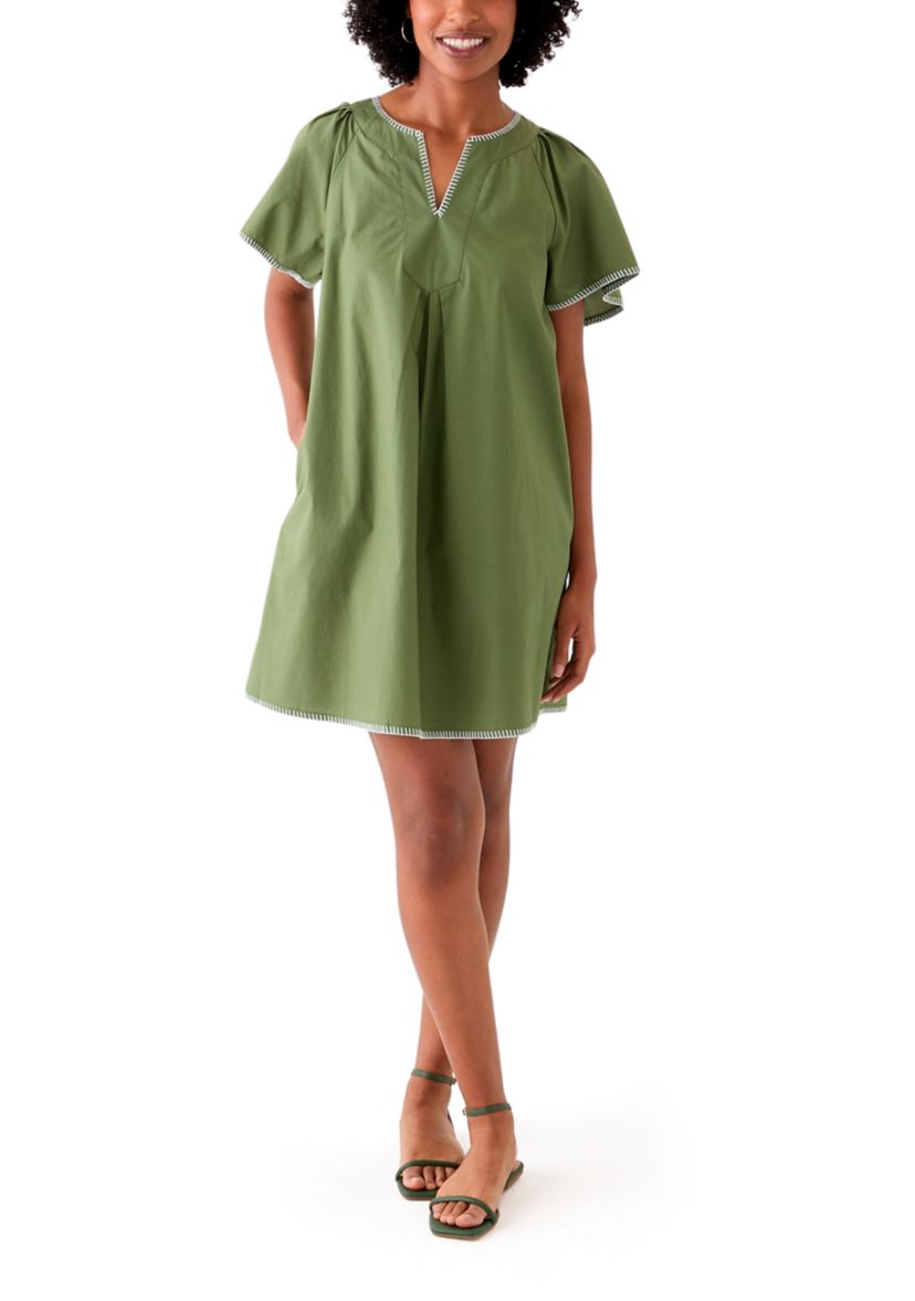 Womens Flutter Sleeve Split Neck Dress