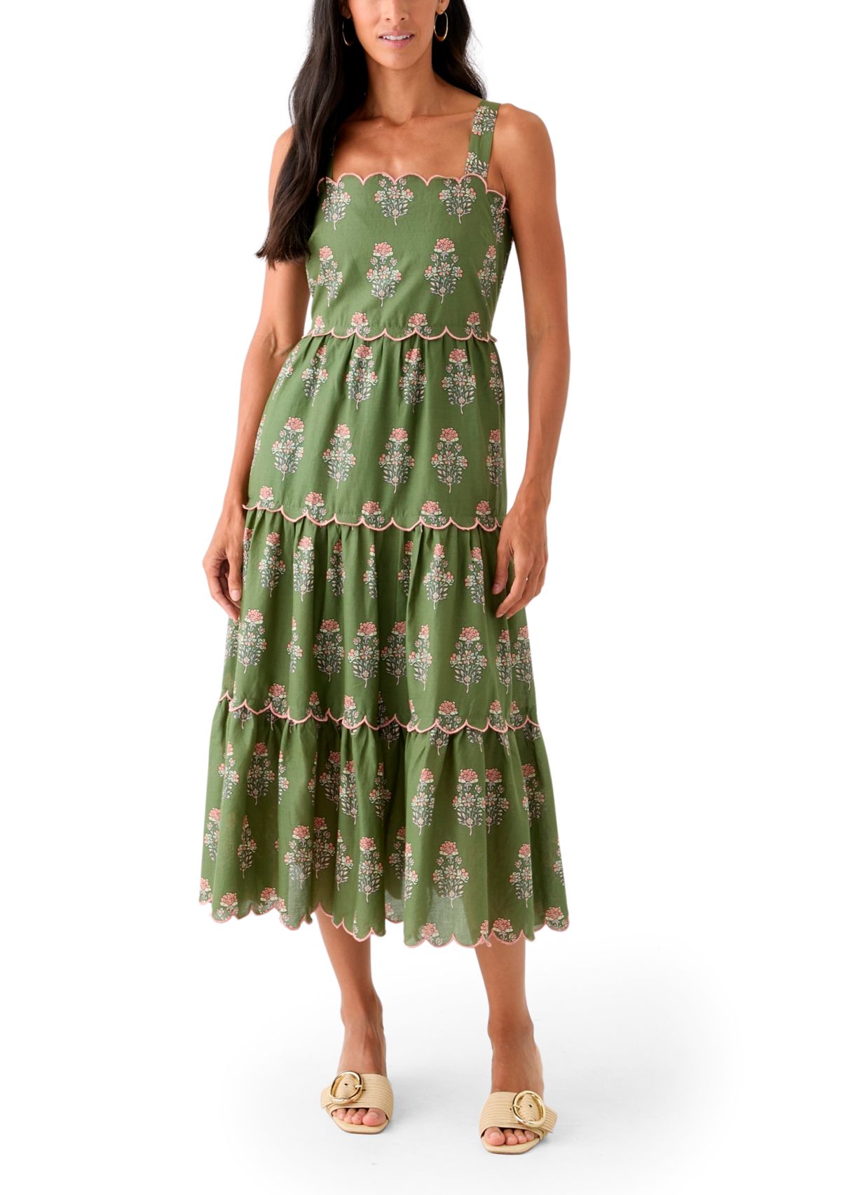 Womens Sleeveless Scallop Printed Midi Dress