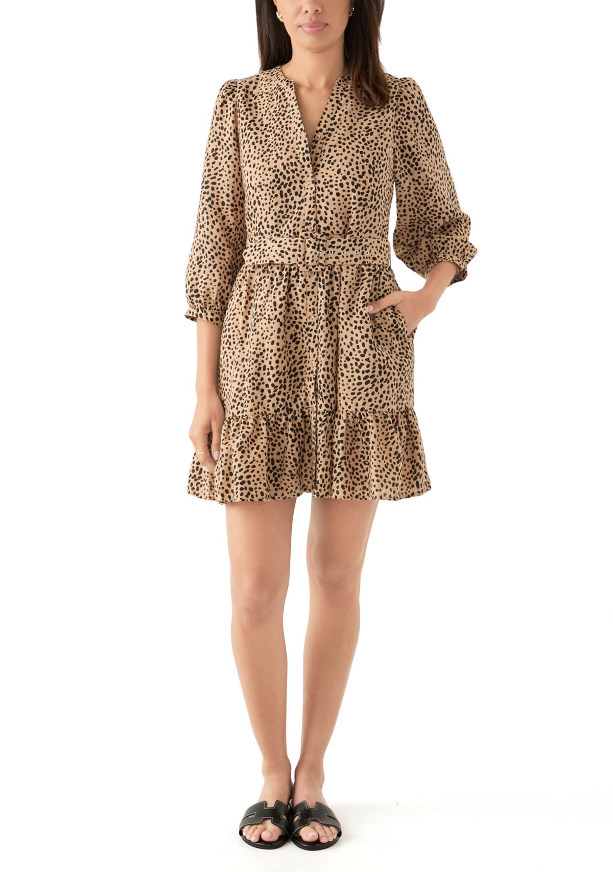 Womens 3/4 Bell Sleeve Printed Belted Dress