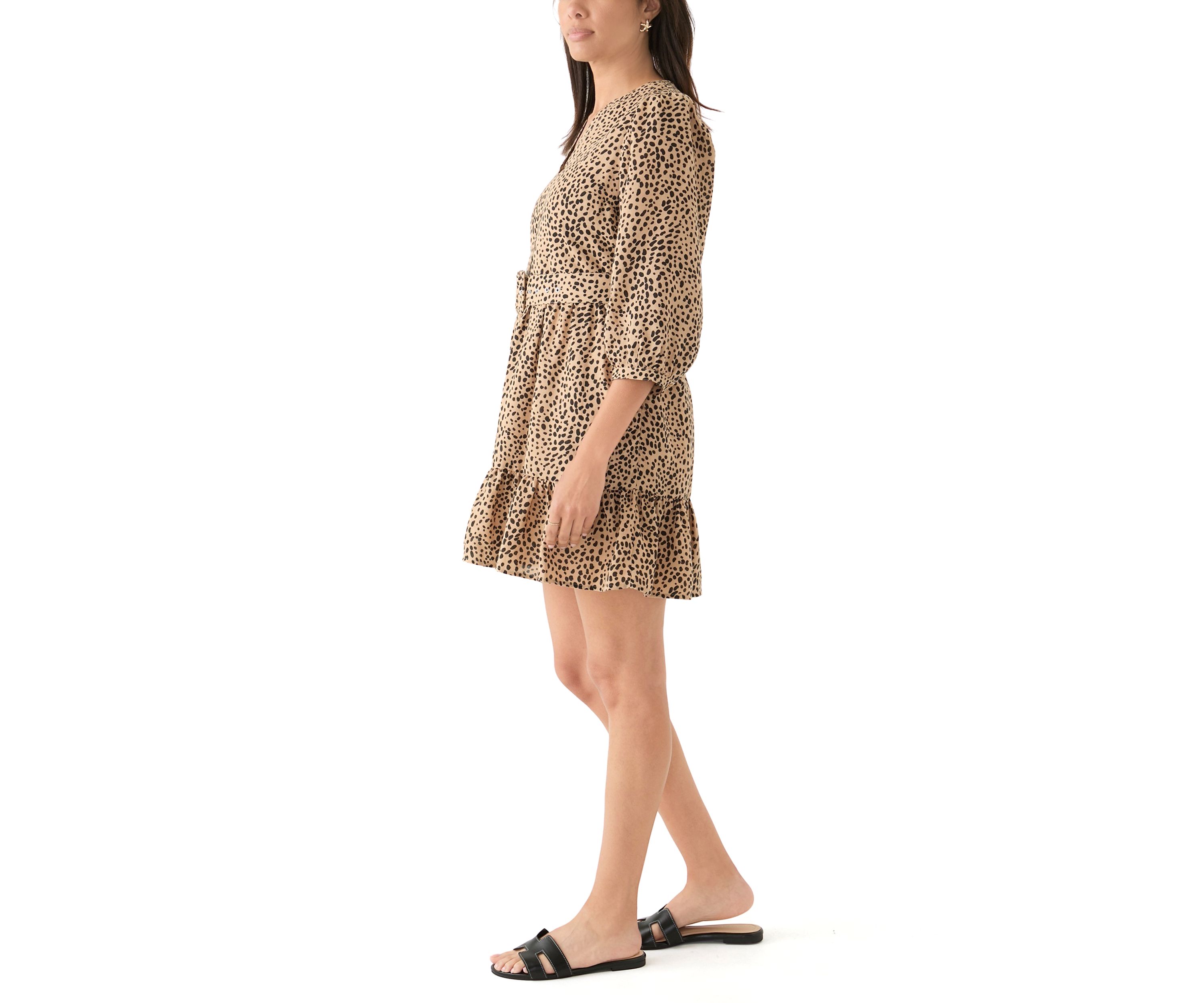 Womens 3/4 Bell Sleeve Printed Belted Dress