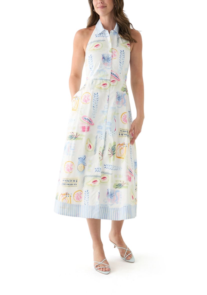 Womens Sleeveless Printed Halter Shirtdress
