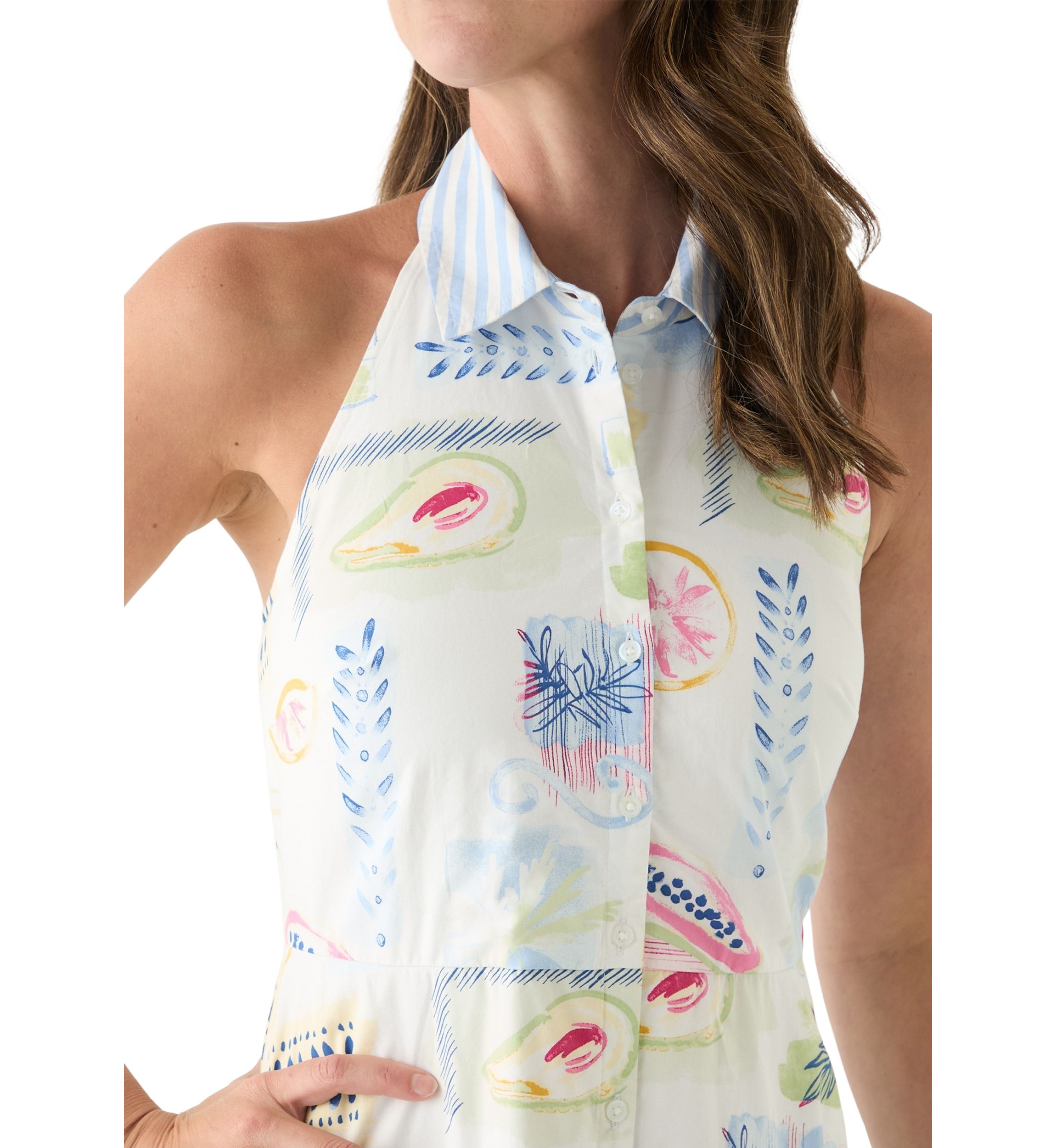 Womens Sleeveless Printed Halter Shirtdress