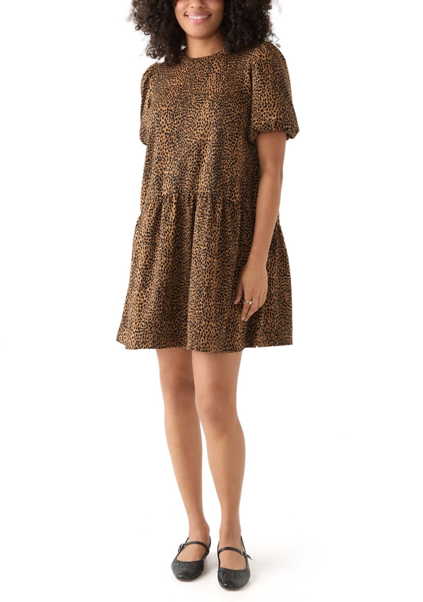 Womens Balloon Sleeve Printed Jacquard Dress
