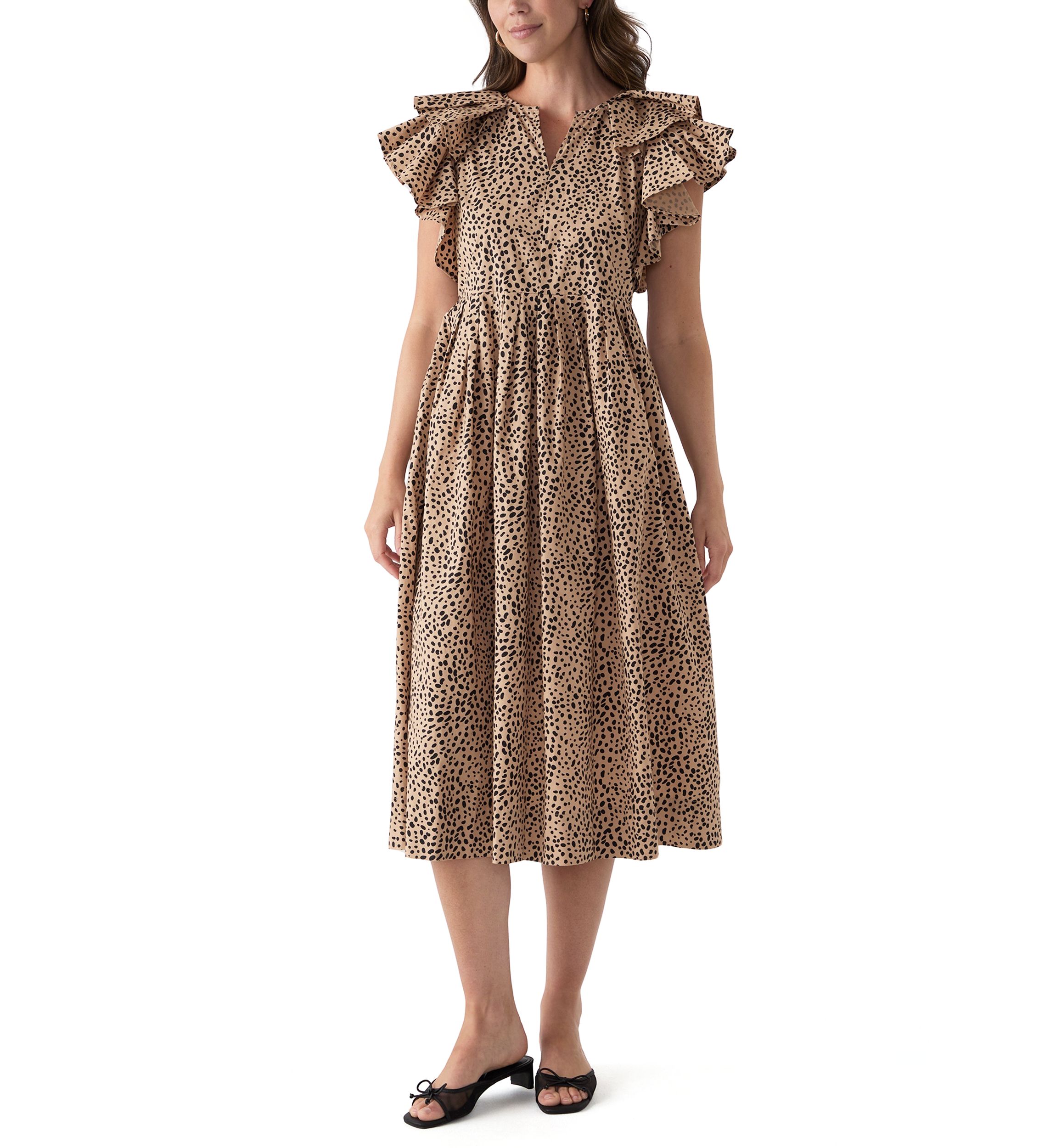 Womens Ruffle Sleeve Printed Midi Dress