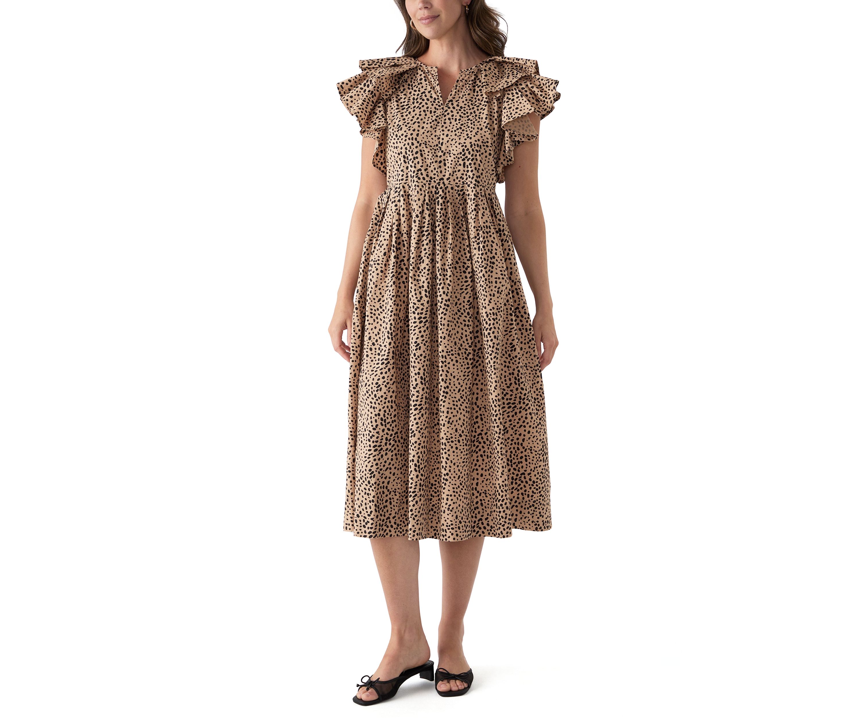 Womens Ruffle Sleeve Printed Midi Dress