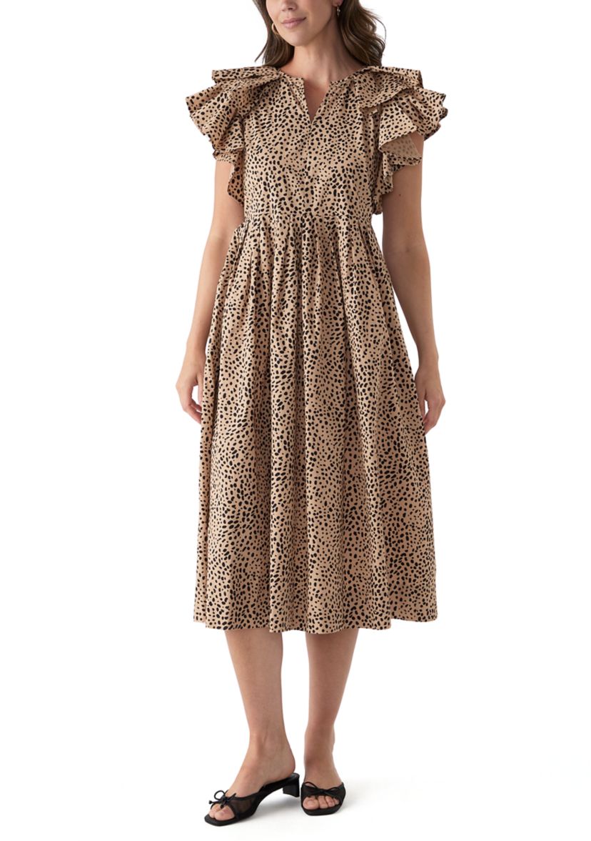 Womens Ruffle Sleeve Printed Midi Dress