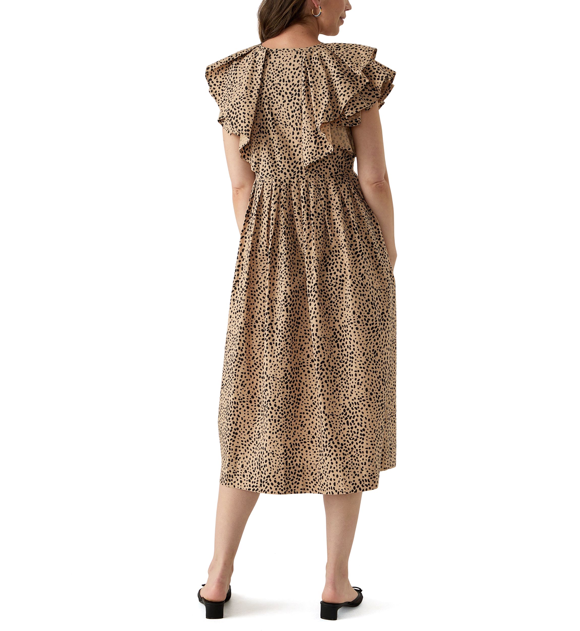 Womens Ruffle Sleeve Printed Midi Dress