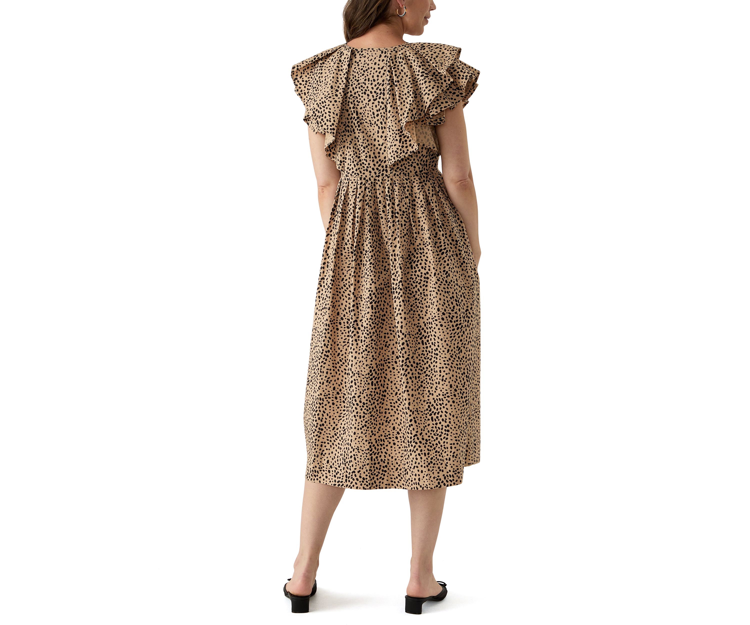 Womens Ruffle Sleeve Printed Midi Dress