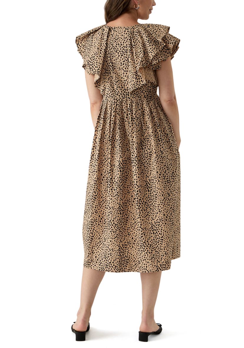 Womens Ruffle Sleeve Printed Midi Dress