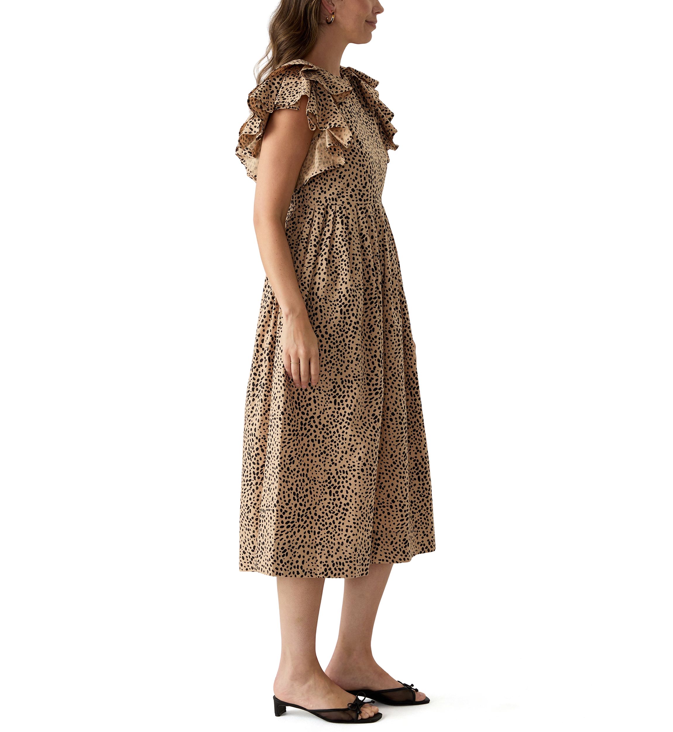 Womens Ruffle Sleeve Printed Midi Dress