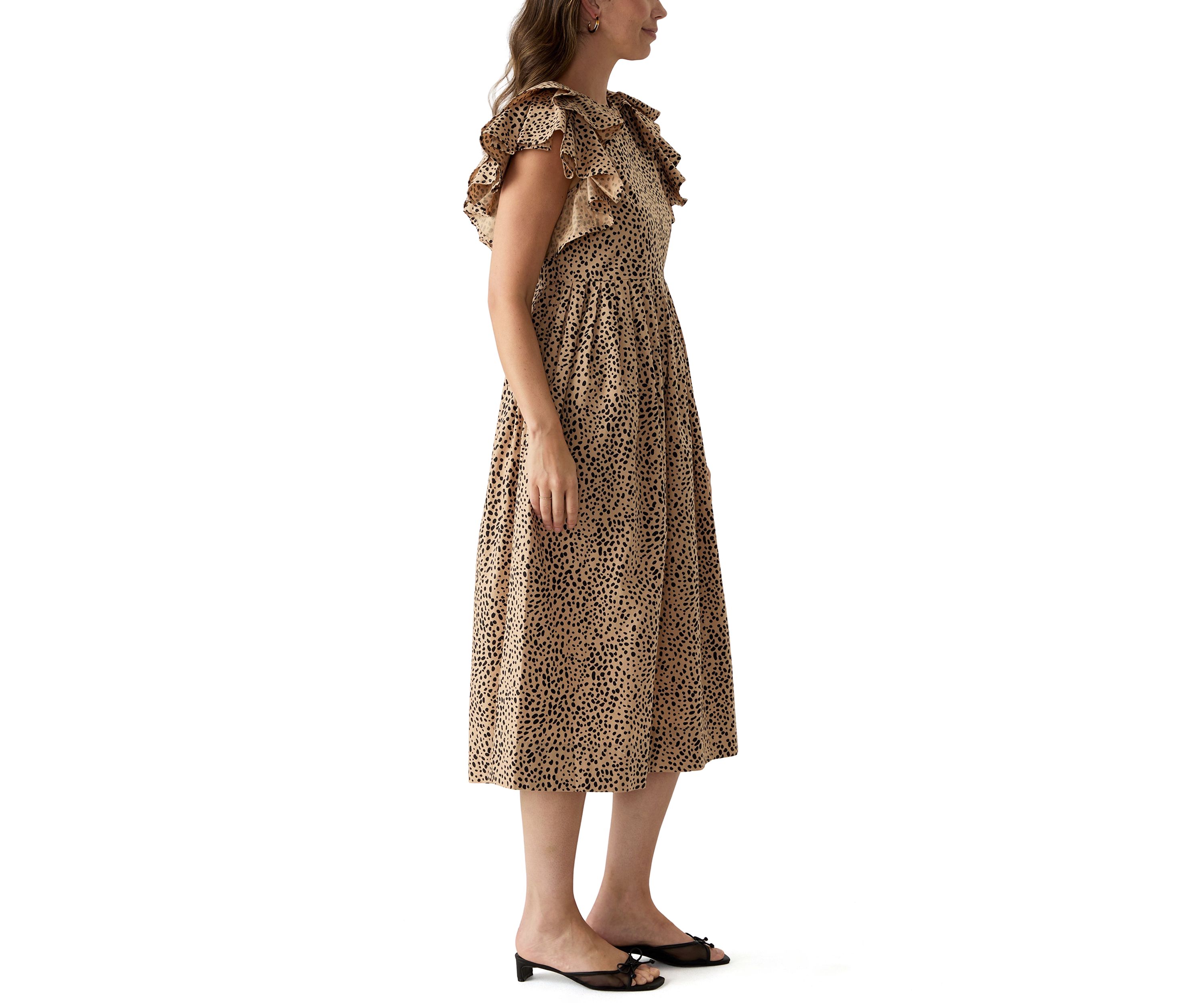 Womens Ruffle Sleeve Printed Midi Dress