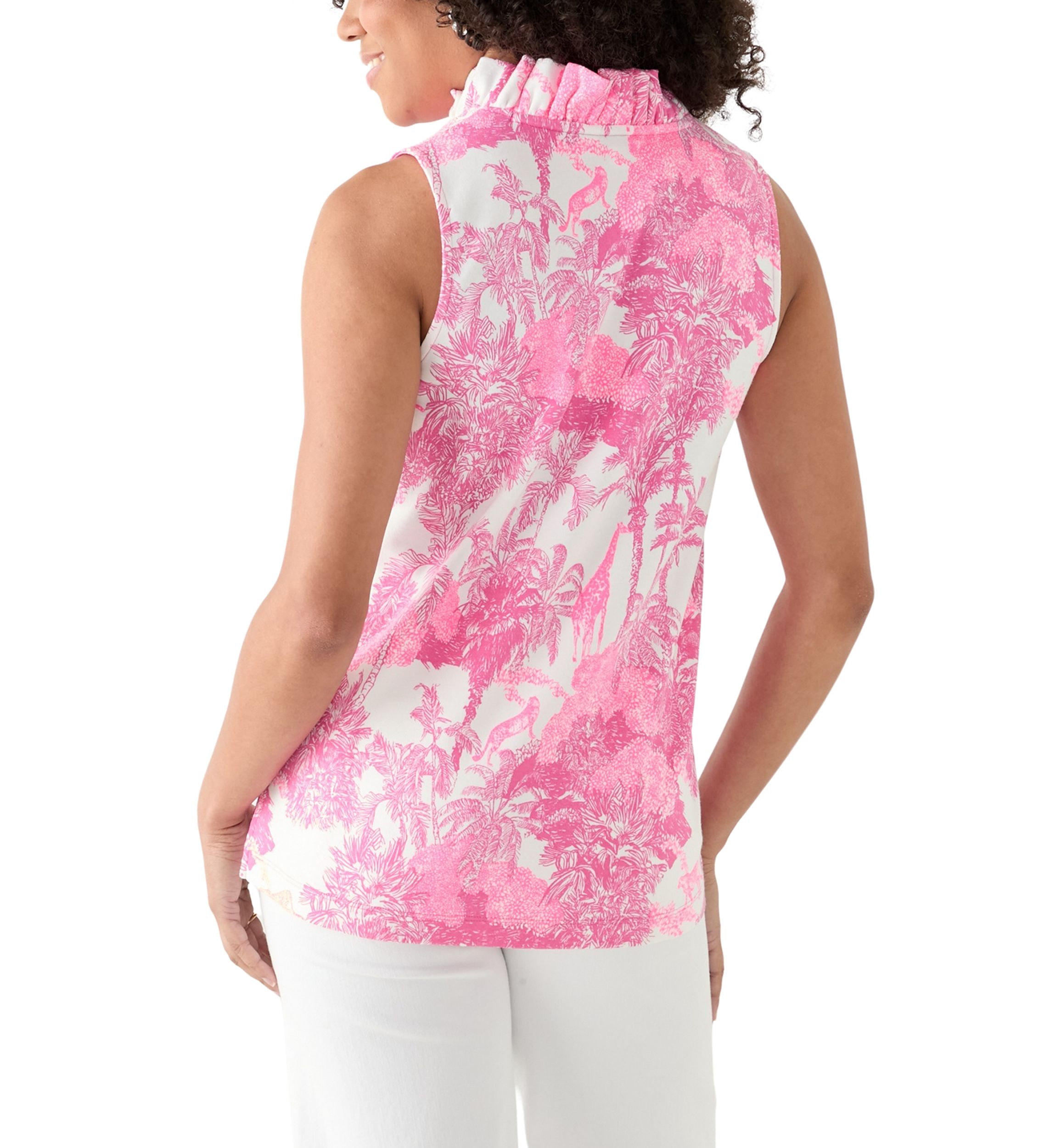 Womens Sleeveless Ruffle Neck Printed Top