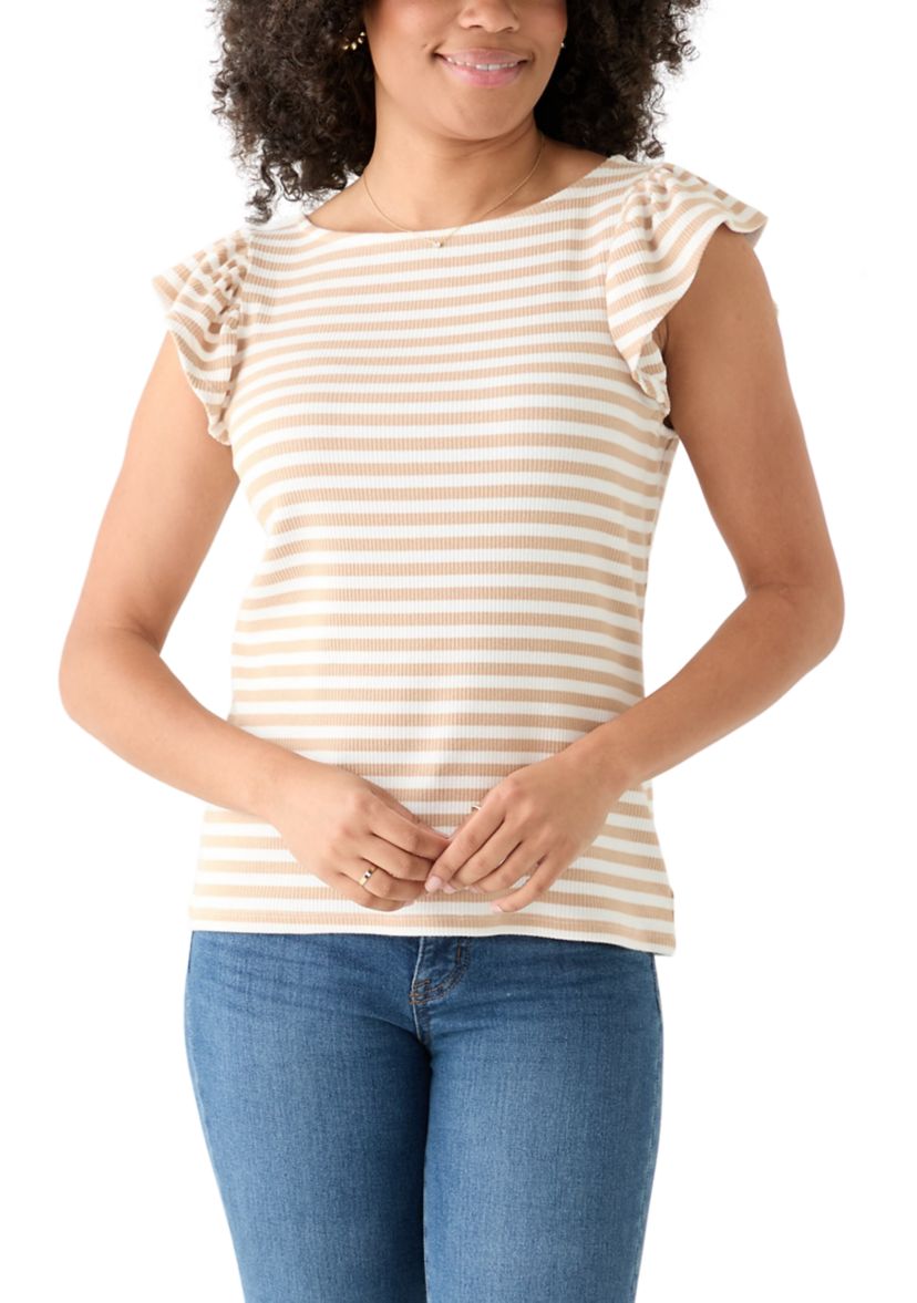 Womens Short Sleeve Ribbed Ruffle T-Shirt