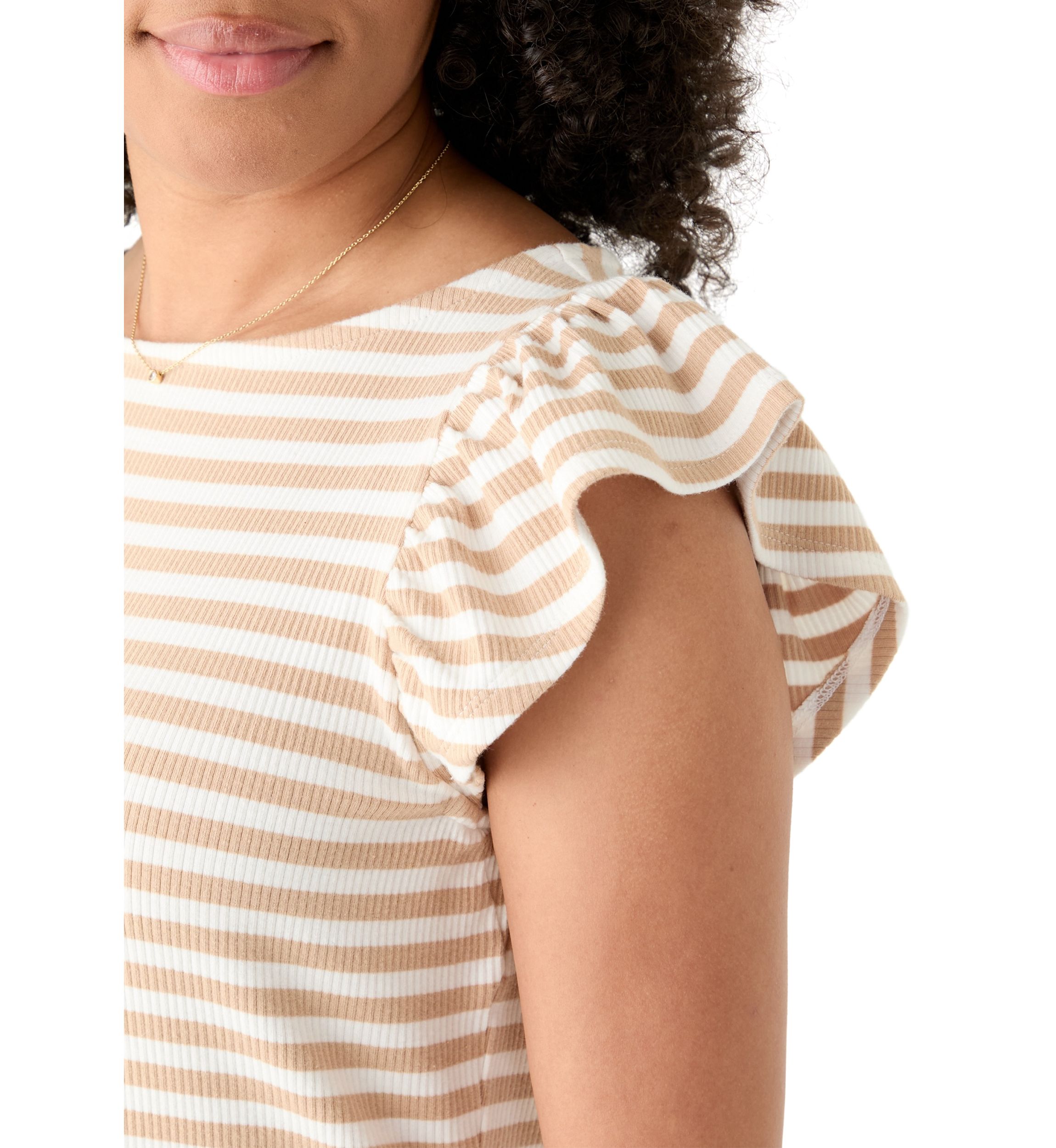 Womens Short Sleeve Ribbed Ruffle T-Shirt