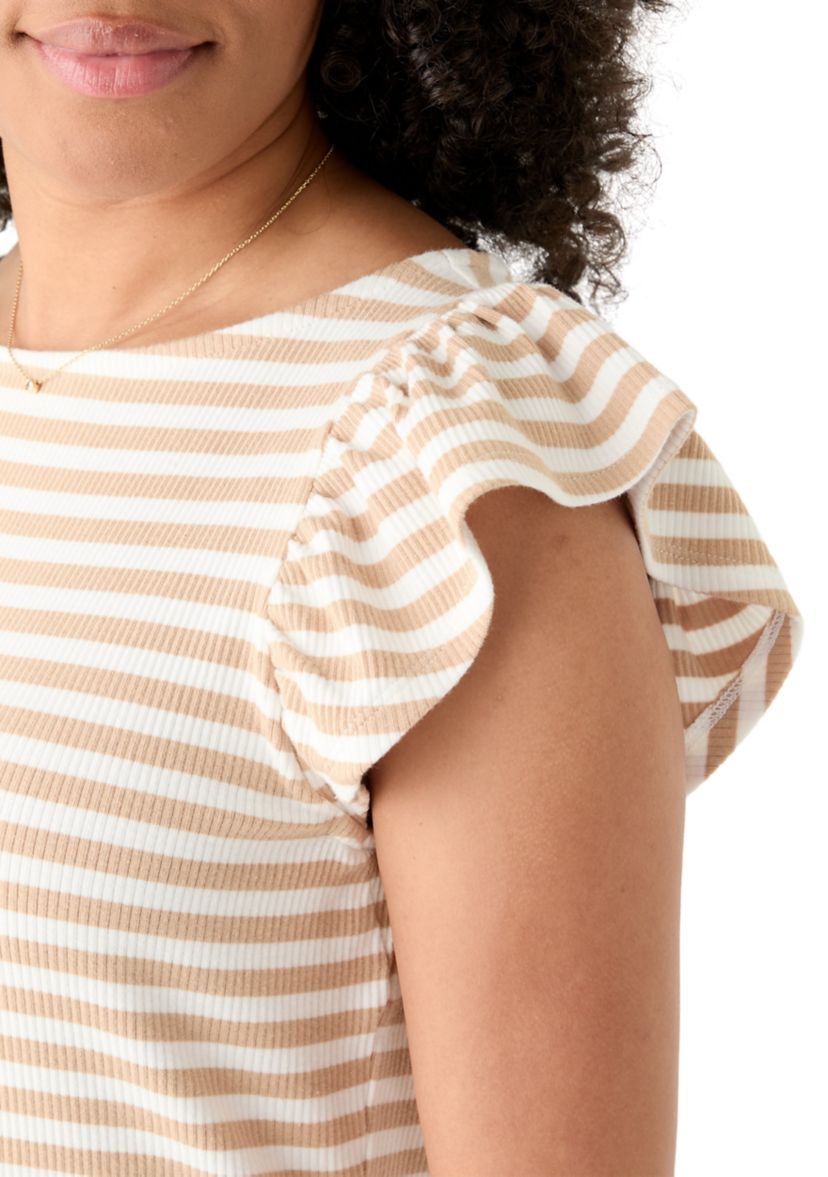 Womens Short Sleeve Ribbed Ruffle T-Shirt