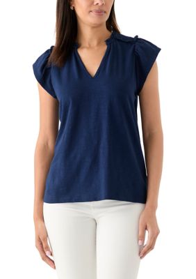 Crown & Ivy Women's Short Sleeve Smock Shoulder Top, Navy Blue, XS
